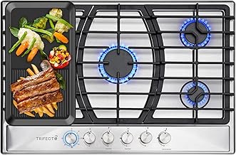 Trifecte 30 Inch Stainless Steel Gas Cooktop with Timer Dual Fuel 5 Italy SABAF Sealed Burners Gas Stove Top NG/LPG Convertible Gas Hob with Thermocouple Protection(Griddle&Gas Regulator Not Included)