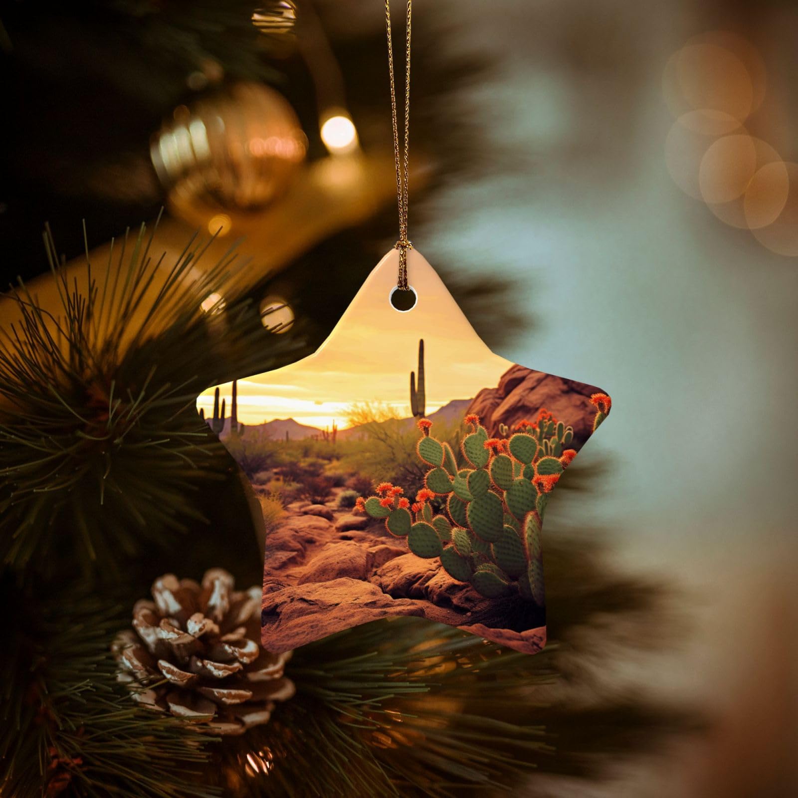 Christmas Ornaments for Christmas Tree Decoration Hanging Cactus at Sunset Poster Ornament with Gold Ribbon Crafts Star Shape Ceramic Pendant for Keepsake Gifts Xmas Decor Party Supplies