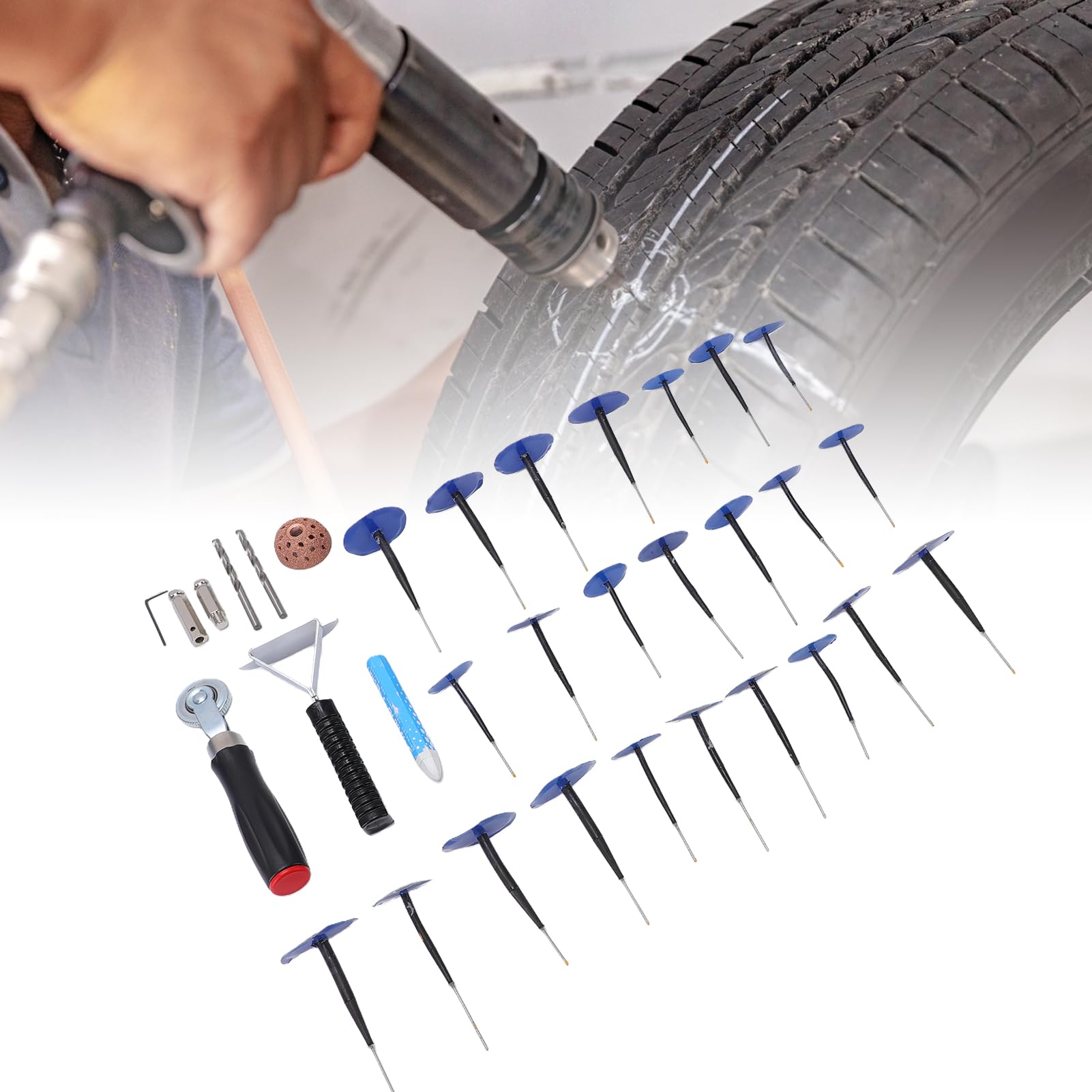 Kit di Riparazione Pneumatici 48 Pezzi, Set di Toppe e Tappi in Gomma con Rullino Raschiatore e Ruota Abrasiva per Auto