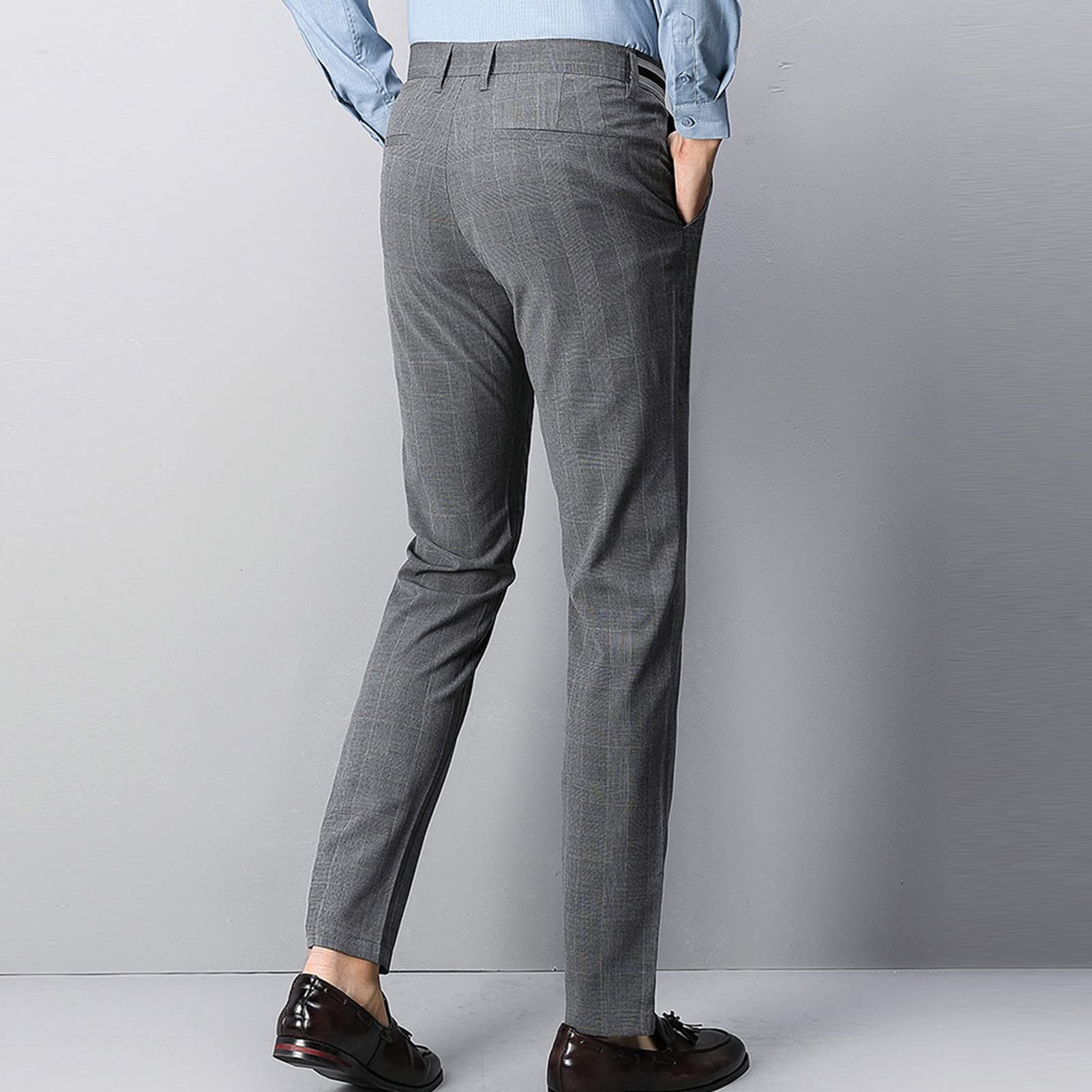 Men's Classic Fit Flat Front Pant Lightweight Wrinkle Resistant Chino Pant Plaid Casual Relaxed-fit Trousers (Grey 1,36)