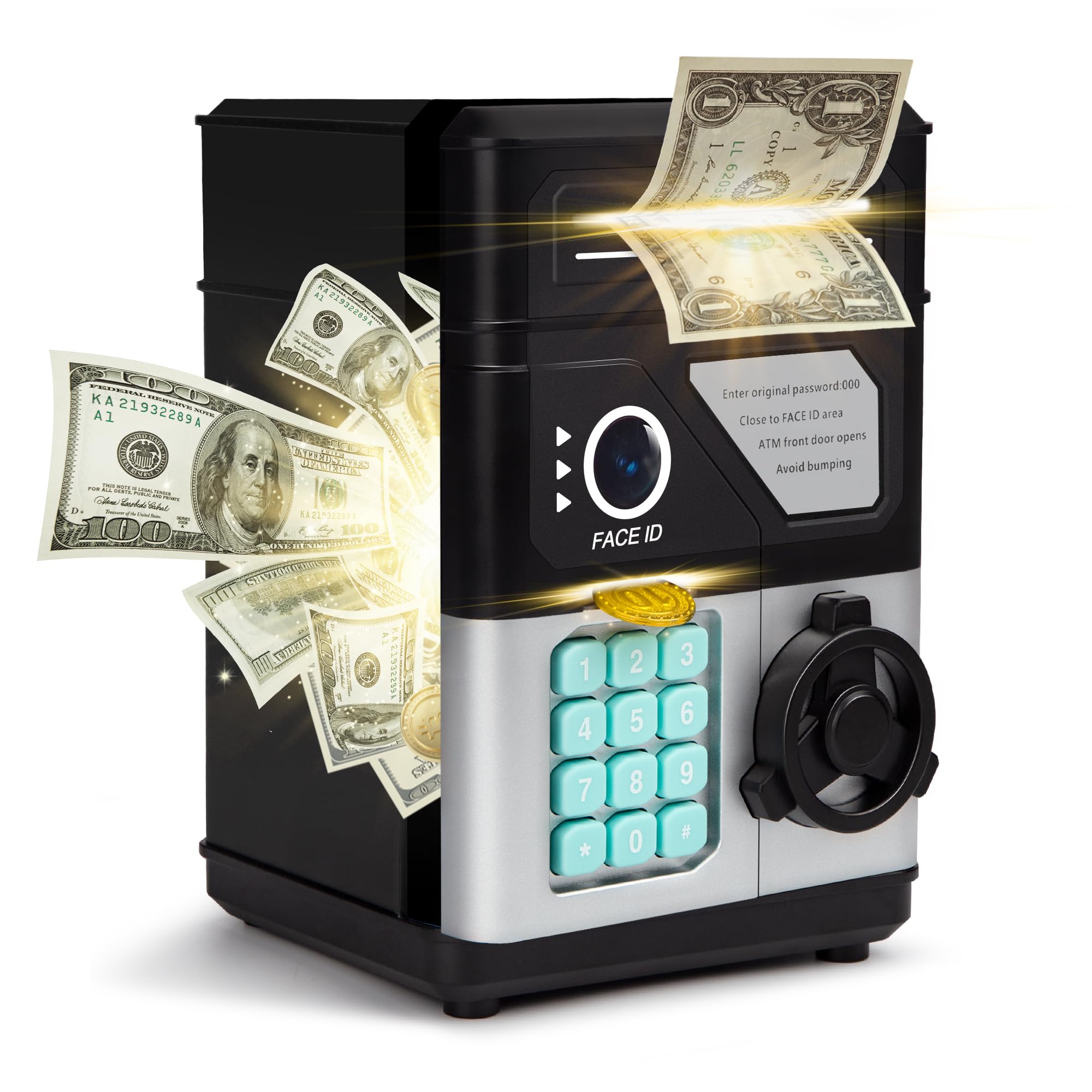 Piggy Bank for Boys Girls, Kids Safe, Electronic Mini ATM Money Saving Box Toy 2025 with Password & Face ID Simulation, Christmas Birthday Gifts for 4 5 6 7 8 9 10 Year Old, Coin Cash Can