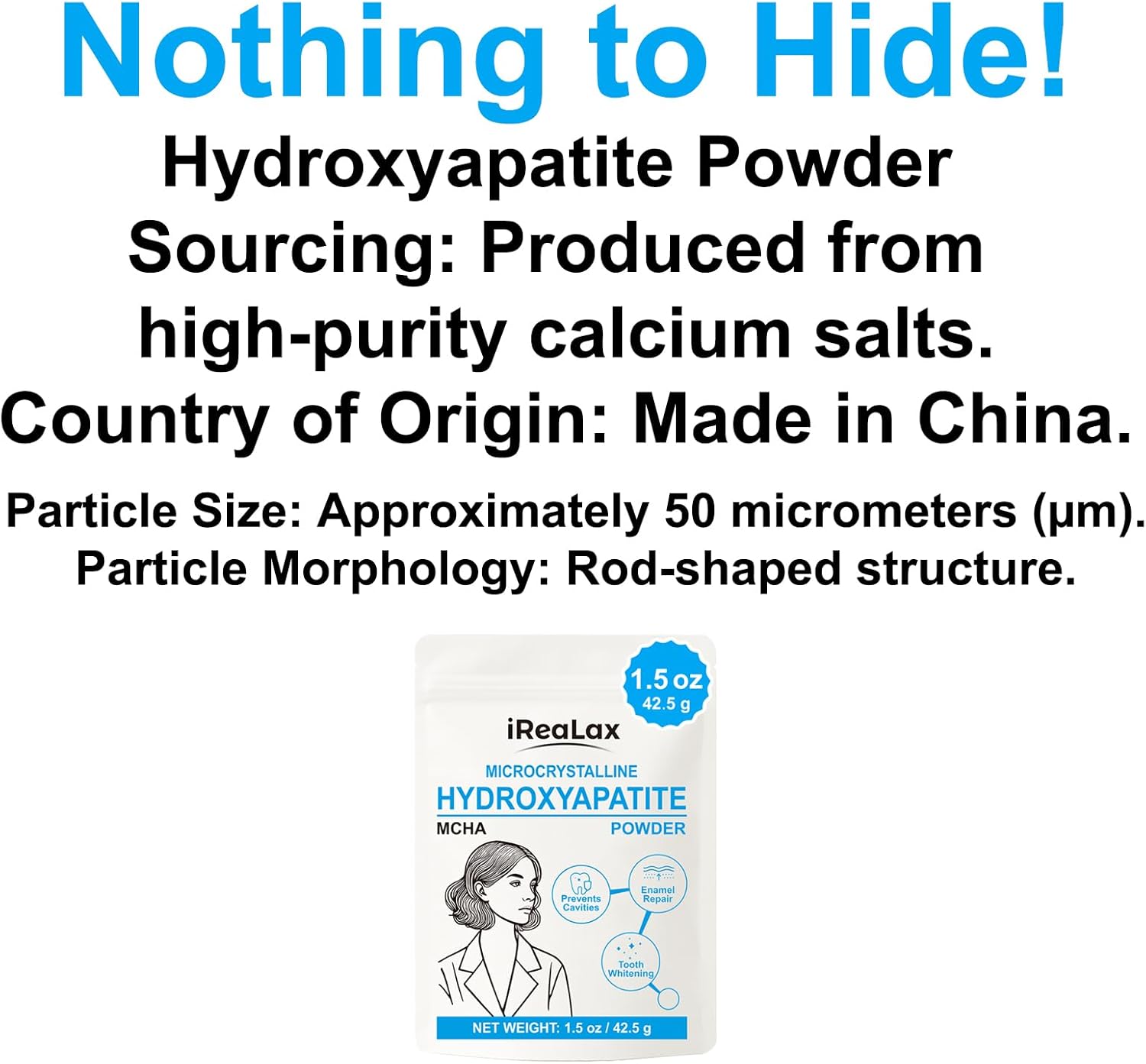 100% Pure Microcrystalline Hydroxyapatite Powder 42.5g (1.5 oz) | Non-Nano MCHA Micro Hydroxyapatite Powder for Teeth | DIY Toothpaste, Teeth Whitening & Soap Making