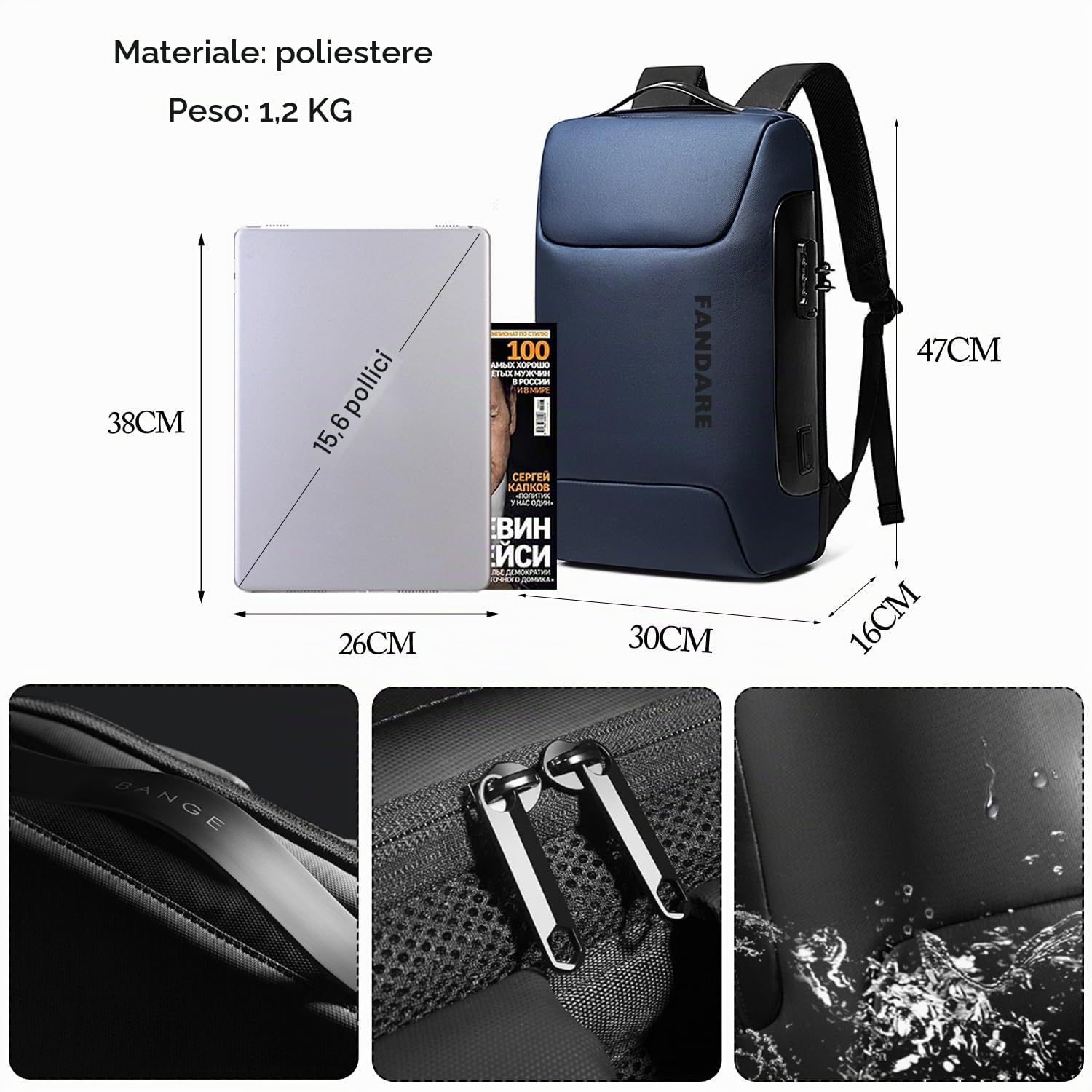 FANDARE Zaino per computer portatile da lavoro, antifurto, grande zaino da viaggio, con porta di ricarica USB, impermeabile, borsa per computer universitaria, scuola, borsa per libri per donne e