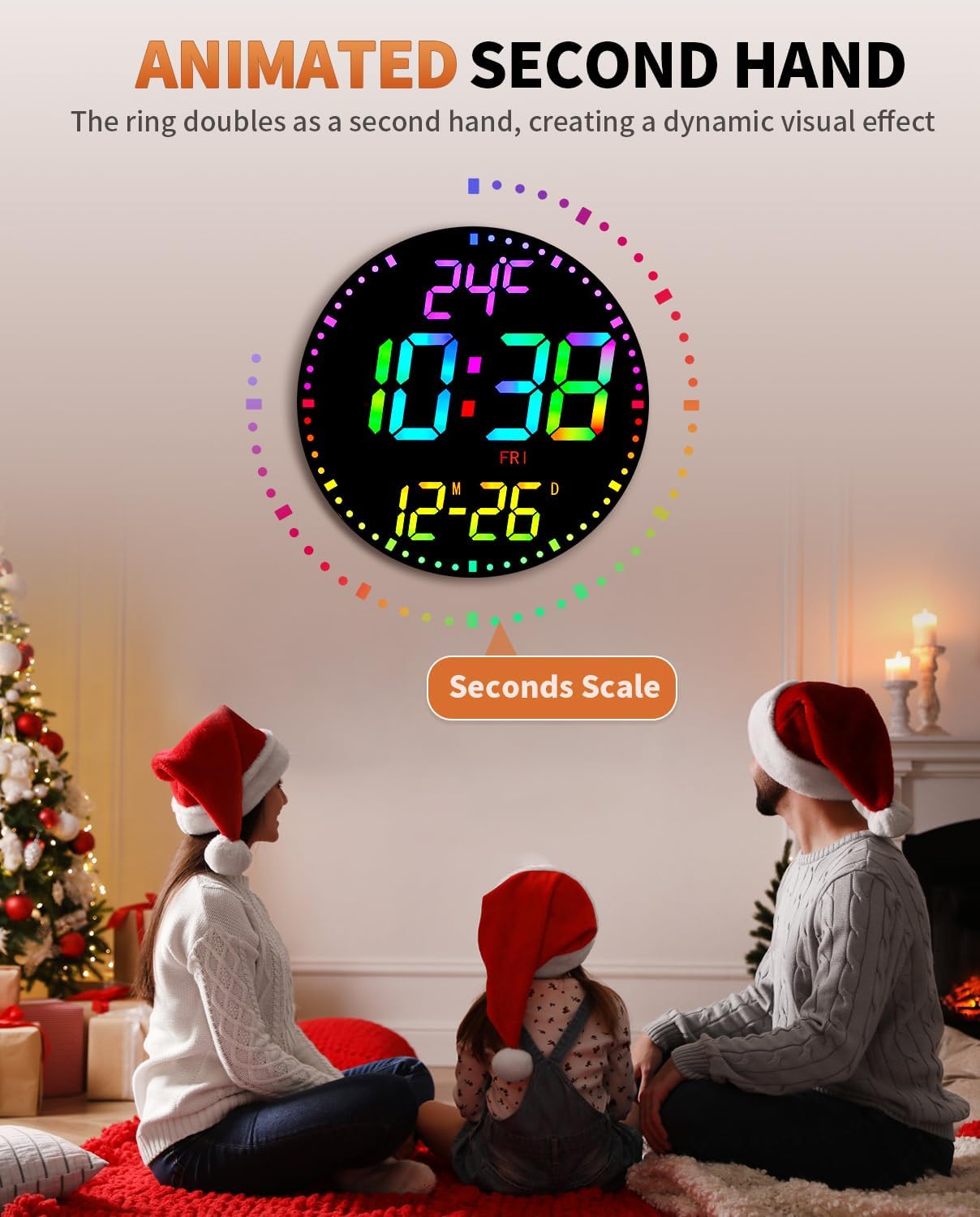 12" Large Digital Wall Mount Clock, Count Down Timer, Alarm, Big LED, 12 RGB Color, Temperature for Living Room Classroom Desk, Xmas, Birthday Gift for Senior Mom Dad (Round)
