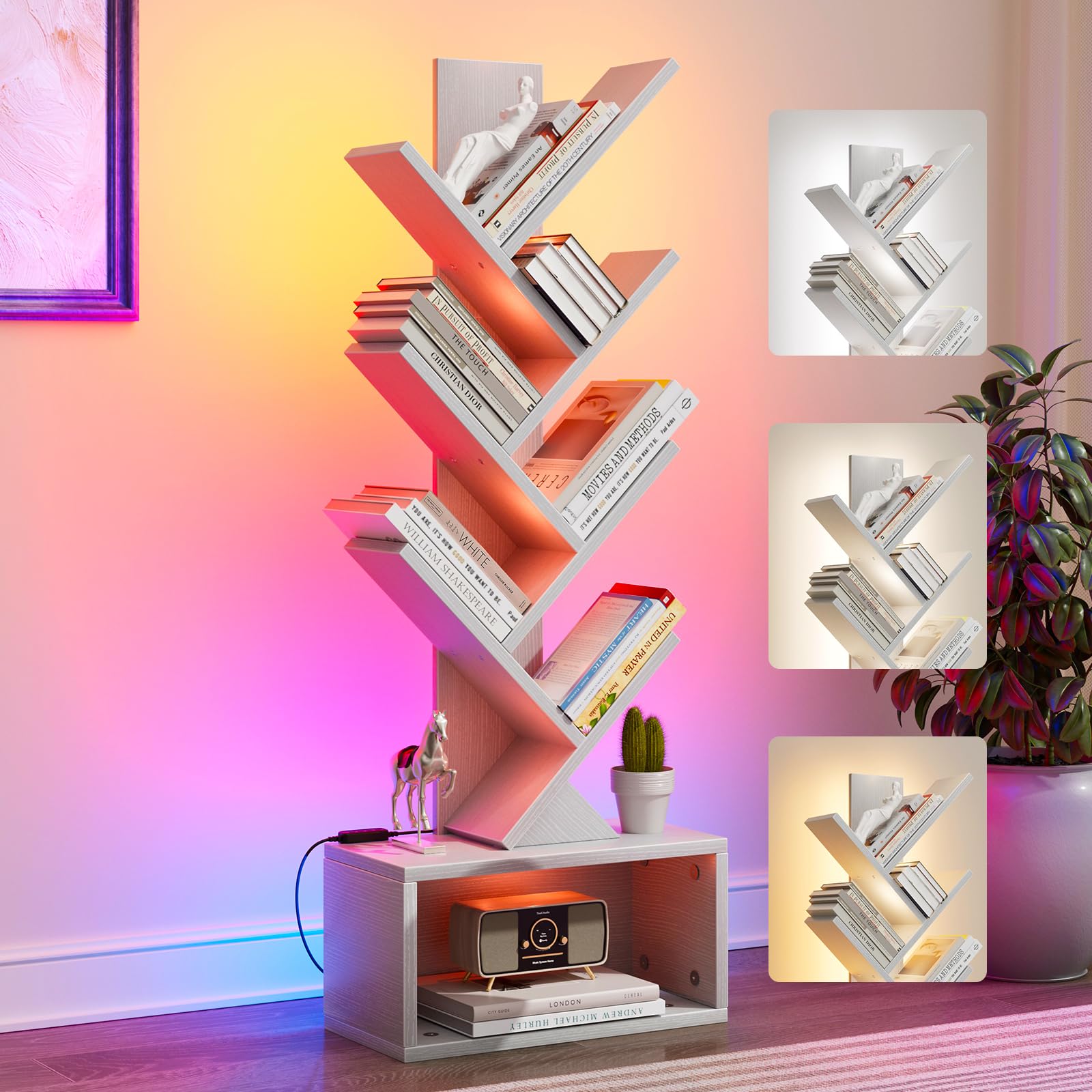 Evermagin 6 Tier Tree Bookshelf with Lights, LED Book Tree Bookcase with Storage Organizer, Small Corner Bookshelf Floor Standing Book Shelf for