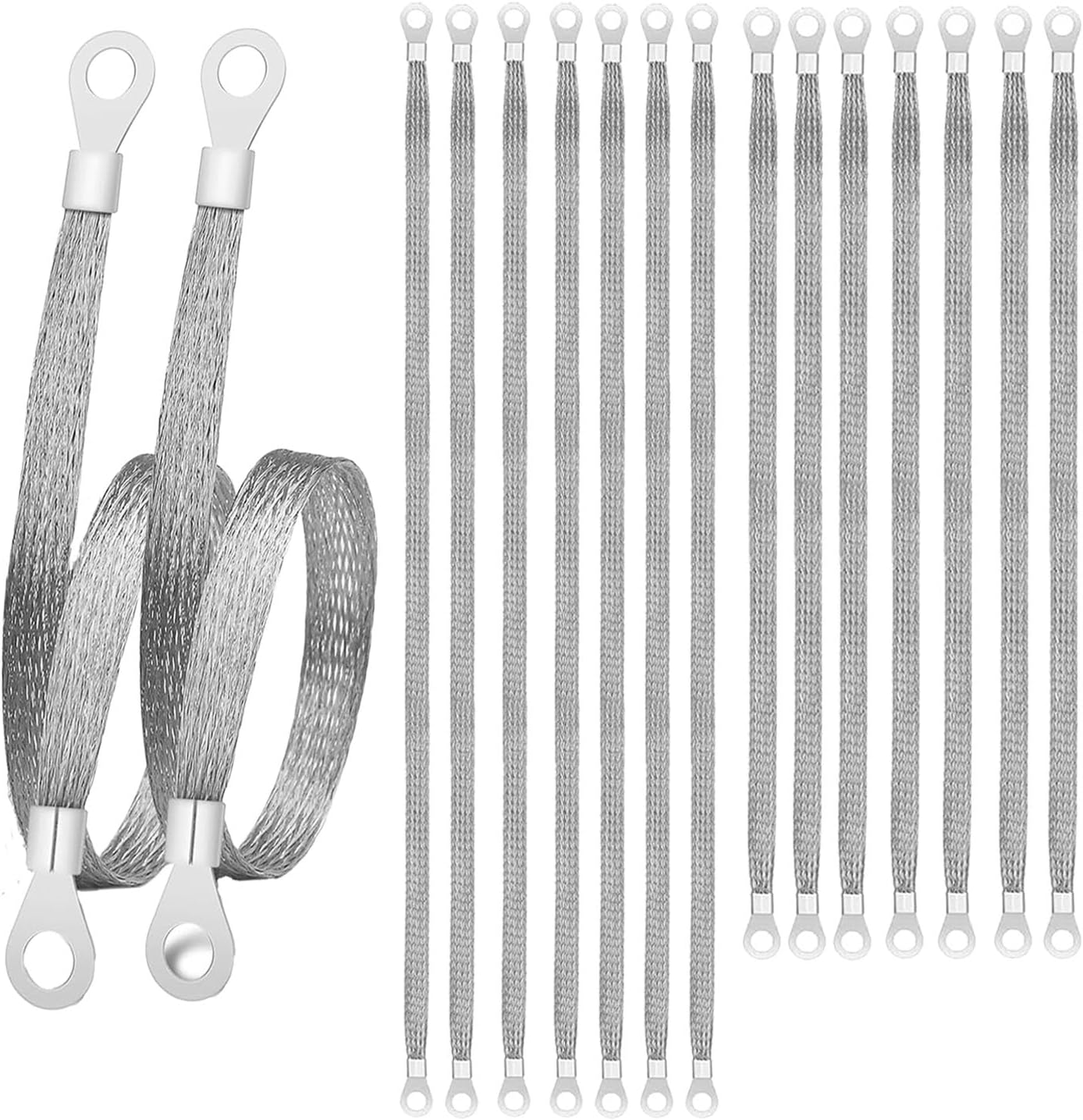 16 Pcs Ground Straps, 10/12 Inch Universal Automotive Braided Ground Strap, Engine Ground Strap Kit with Terminal Plugs Oxidation Resistance Great Electrical Conductivity Silver