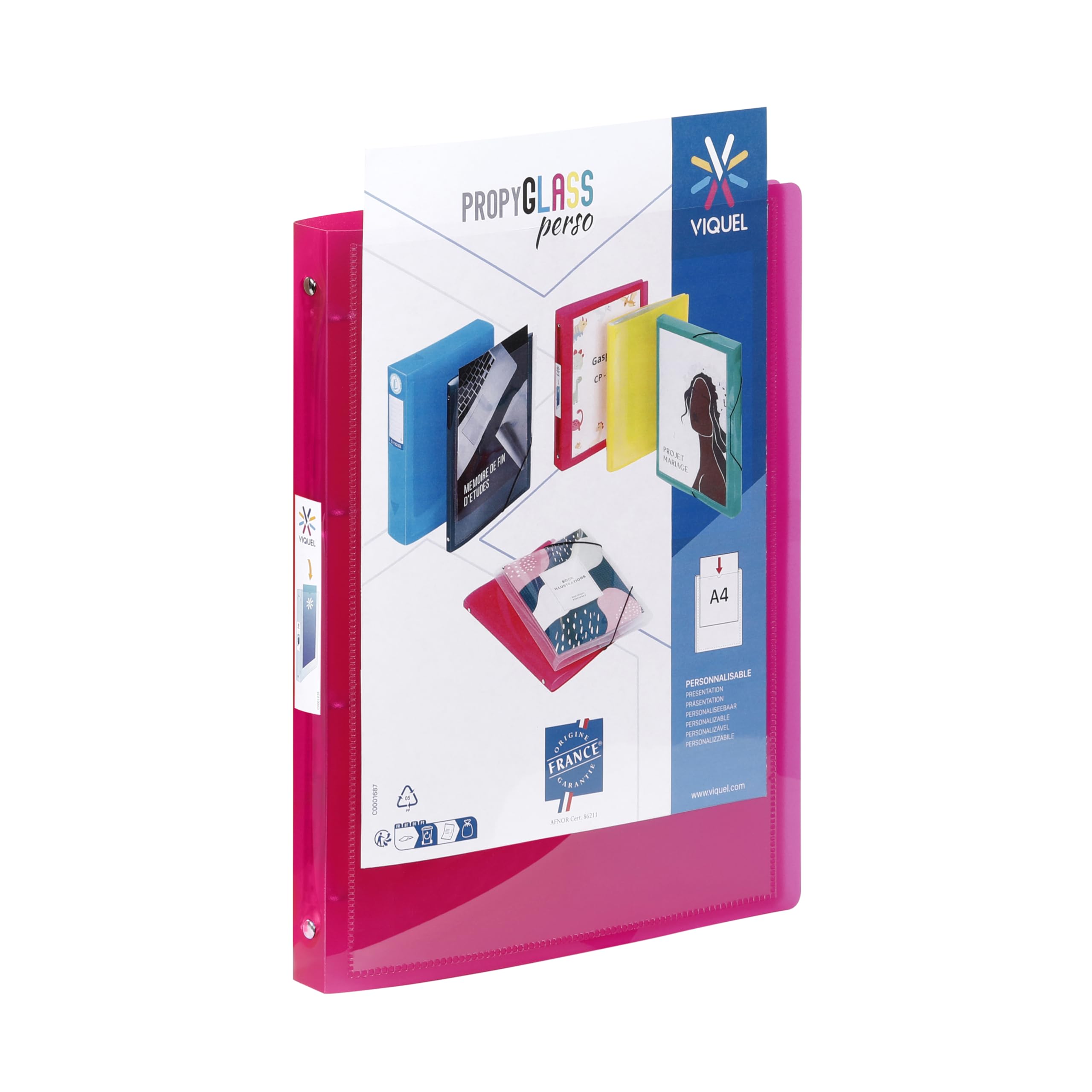 Viquel - Customisable A4 Flexible Binder - 4 Rings - 2.5 cm Spine - Translucent Raspberry red