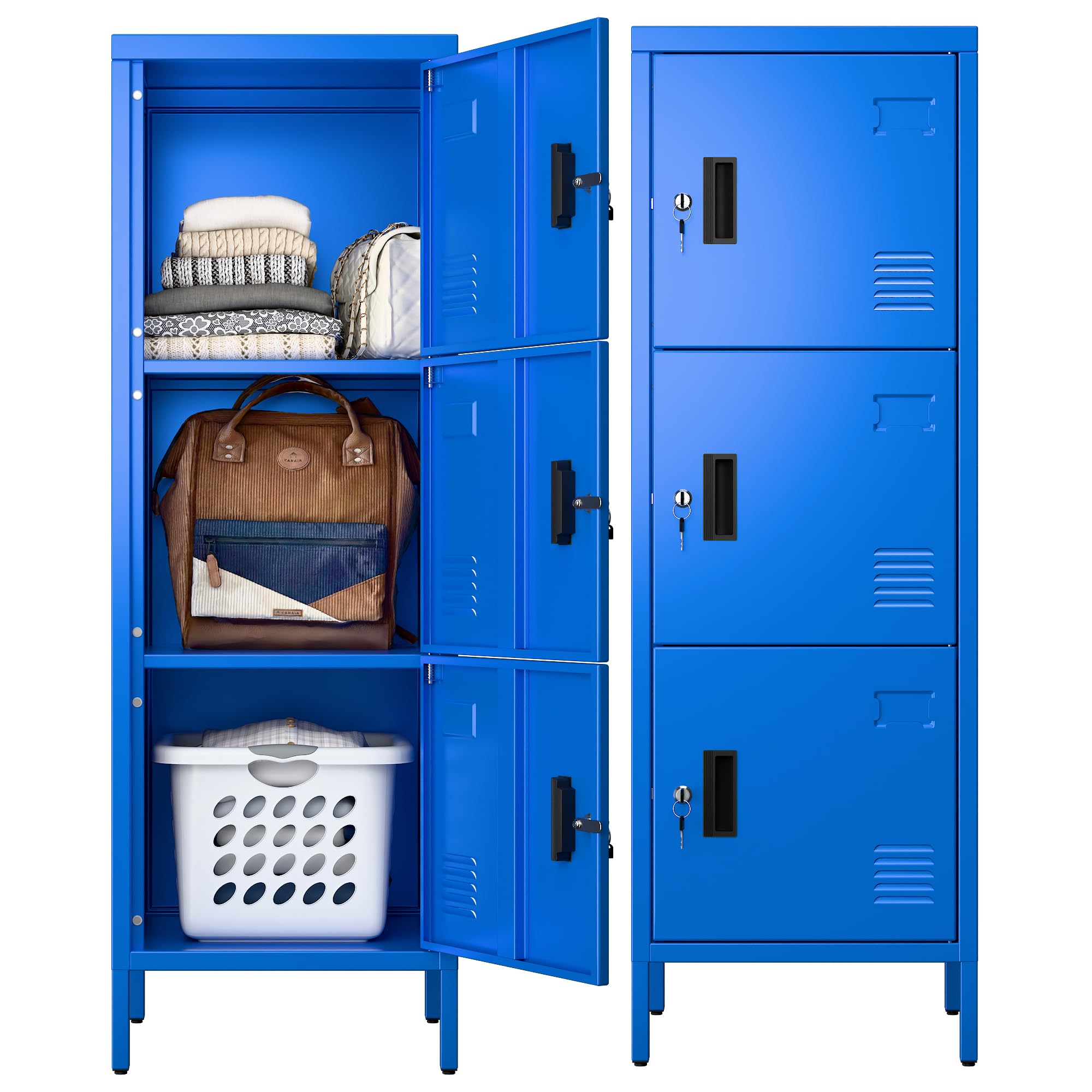 Aobabo 16" W 3 Door Metal Storage Locker with Lock, 47" H Steel Locker with Name Card Holder and Metal Leg for School, Home, Office, Playroom, Assembly Required, Blue