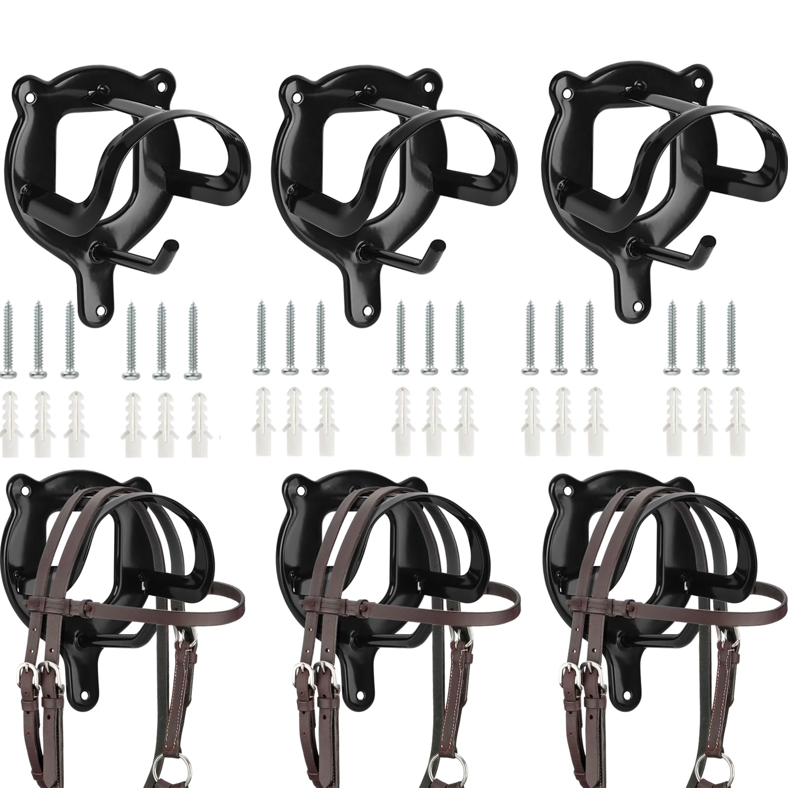 HYEIOL 6 Pack Horse Bridle Racks Bridle Hooks,Metal Wall-Mounted Horse Tack Storage Organizer Halter Hanger,Matte Black Anti-Rust Coating Horse Barn Supplies
