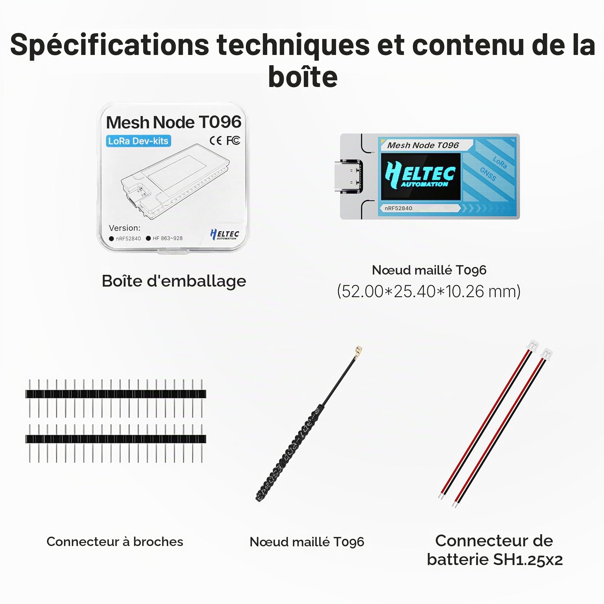 Heltec T096 Meshtastic Mesh Node, nRF52840 SX1262 LoRa Carte de développement GNSS double bande pour le suivi des actifs hors réseau, 13µA ultra faible consommation compatible avec Meshtastic