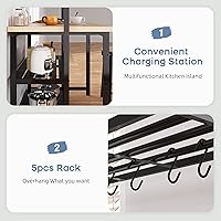 Vista 13 de Isla de cocina con almacenamiento, estante para panaderos con toma de corriente, mesa de isla para cocina, soporte de microondas de 3 niveles, mesa