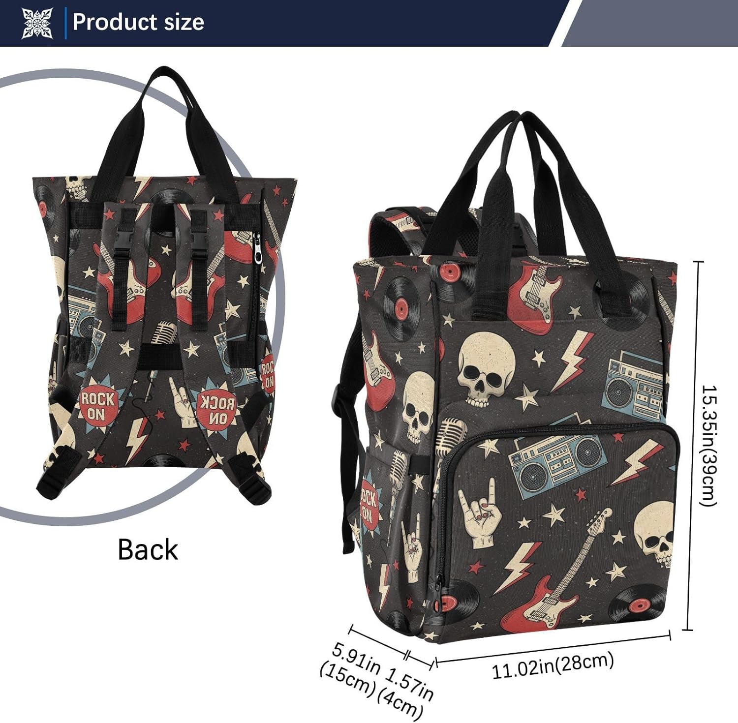 SPRIPORT Rock Skull Guitar Black Pattern Diaper Bag Backpack for Baby Boys Girls Multifunction Baby Essentials Travel Tote with Stroller Straps & Bottle Storage Large Travel Diaper Backpack for Baby