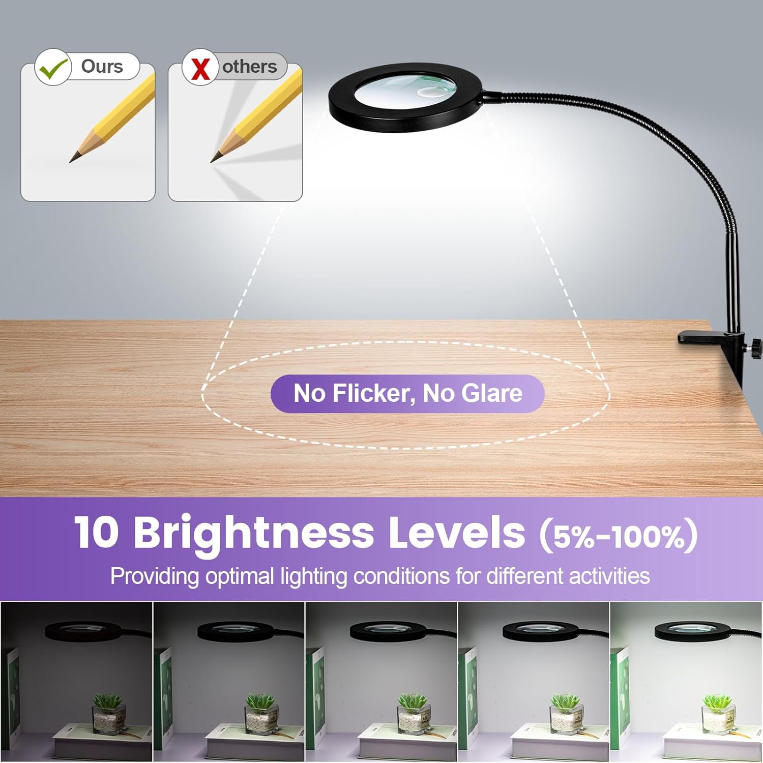 30x 12x magnifying glass with light and stand, 3-color stepless dimmable led magnifying floor lamp, 24" gooseneck adjustable swing arm lighted magnifier lamp with clamp for reading esthetican black 12x & 30x