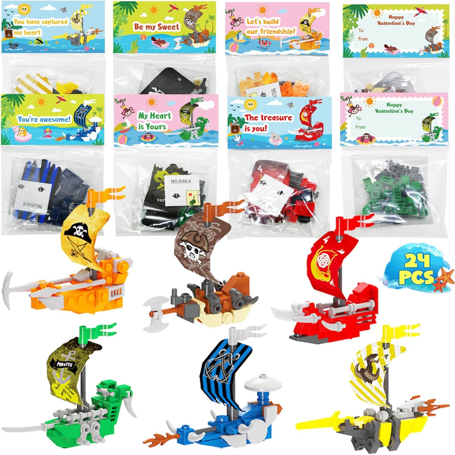 WODMAZ 24 Packs Pirate Ship Building Blocks for Kids, Mini Pirate Ship Toys Set for Birthday Party Favor Goodie Bags, Easter Eggs Empty, Valentines Classroom Exchange