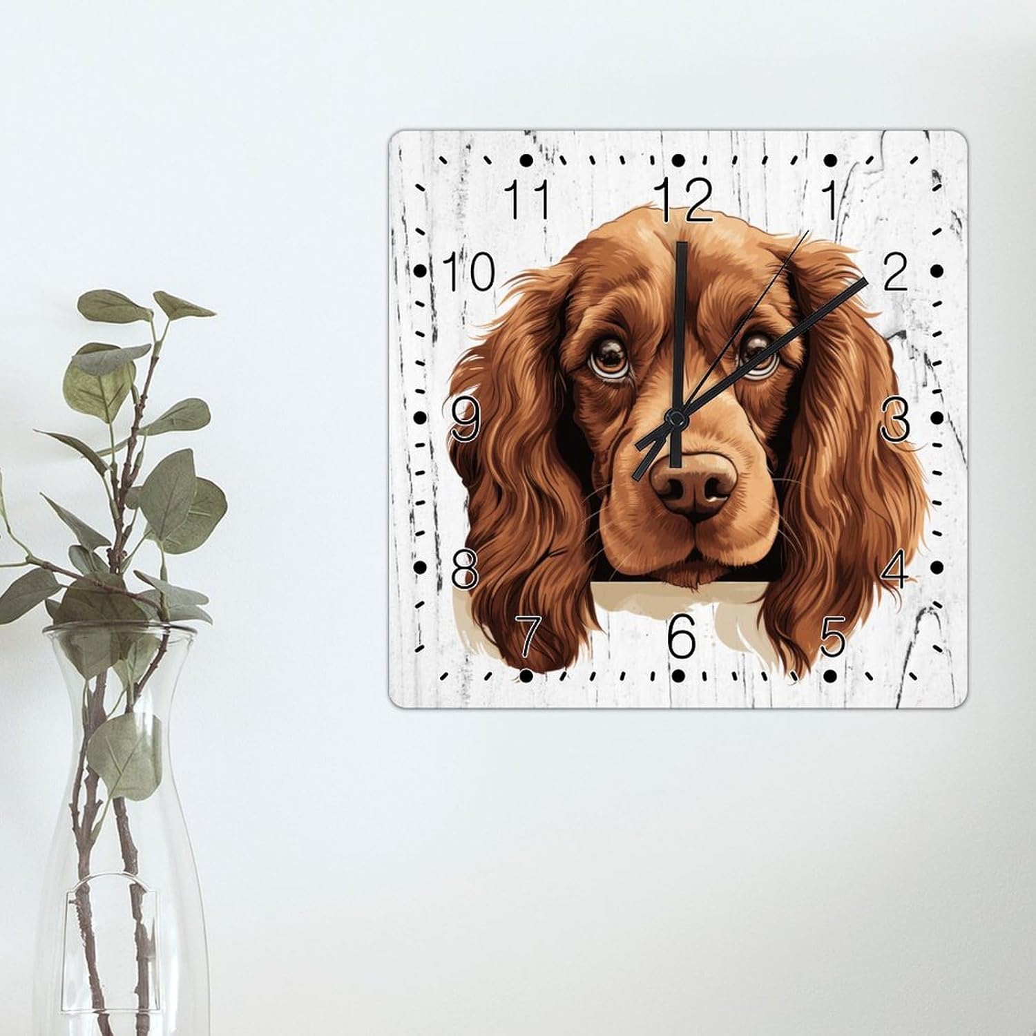 Sussex Spaniel Wall Clock Sussex Spaniel Cute Funny Peeking Dog Puppy Wood Wall Clock Pet Owner Gift Square Art Clocks Non-Ticking Silent Wall Clock for Home Living Room 15x15in