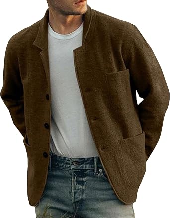 Mens Notched Lapel Single Breasted Cardigan Fashion Stand Collar Knitting Coat Soft Button Down Overshirt Coat Brown,Medium