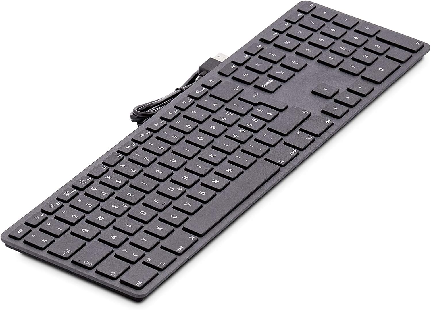 Úhlové view of the LMP USB Keyboard, highlighting the slim profile and the space gray aluminum finish.