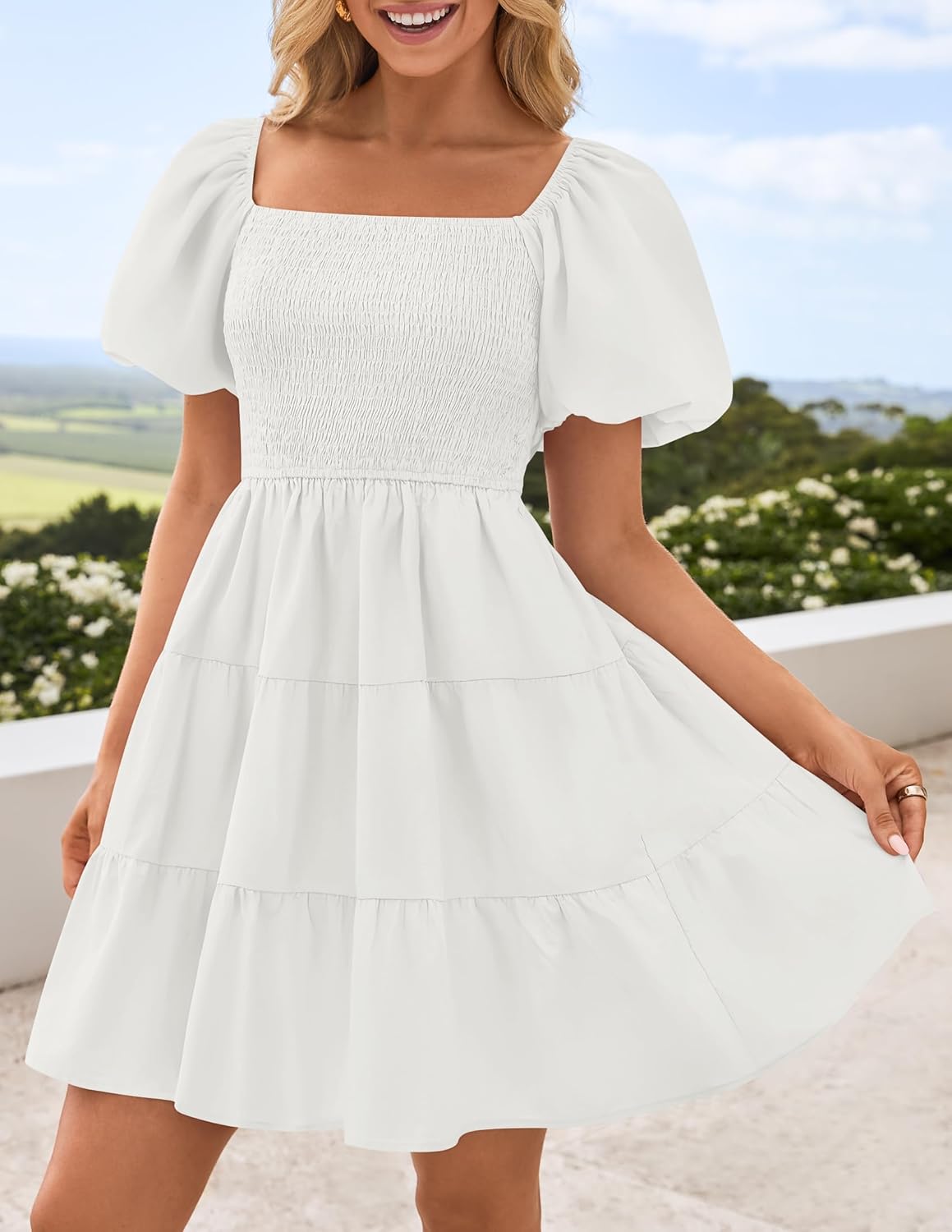 ZESICA Women's Boho 2026 Summer Square Neck Puff Sleeve Off Shoulder Smocked Tiered Casual A Line Short Mini Dress - Image 3