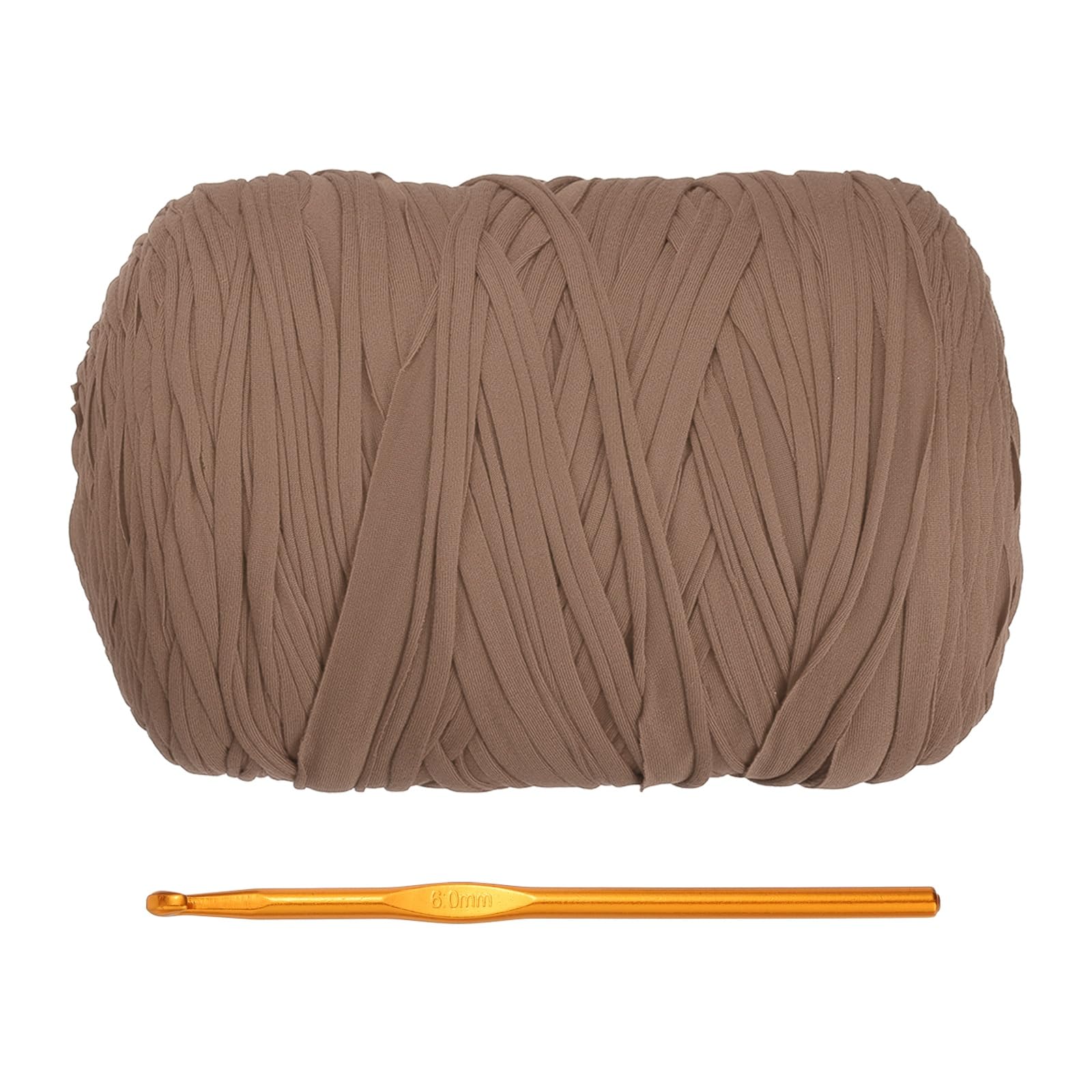 PATIKIL T-Shirt Yarn for Crocheting with 1 Crochet Hook, 800g/228 Yards Soft High Elastic Knitting Yarn for Beginner Crochet Bag/Basket/Home Decor(Brown)