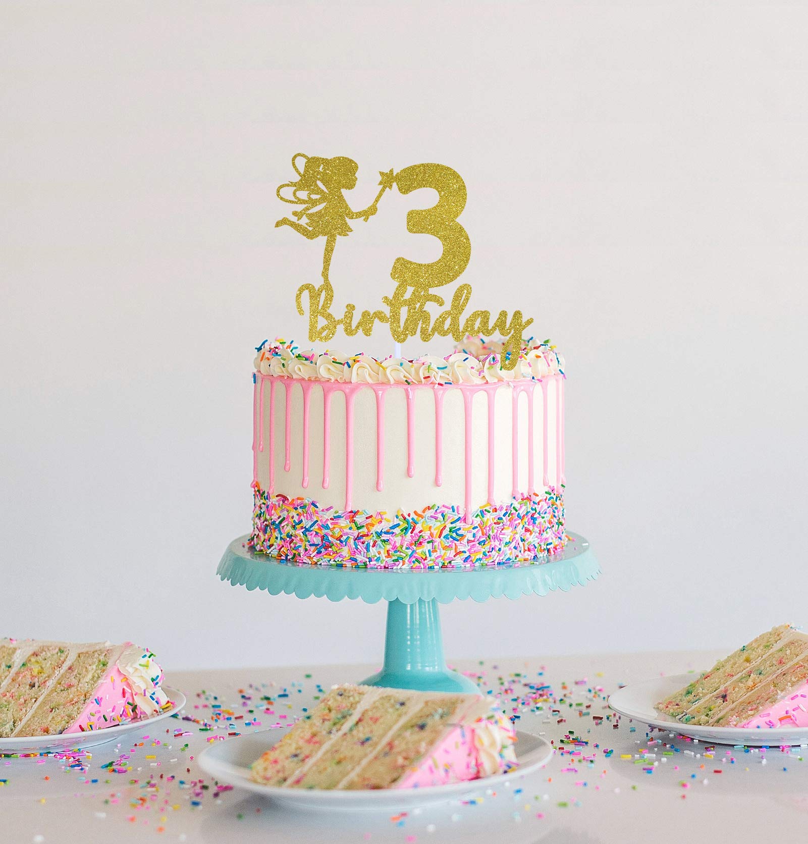Fairy 3Rd Girl Birthday Cake Topper For Sweet Baby Three Decorations ,  Hello Cheers To 3 Years Old Party Sign , Handmade (Gold） : Buy Online At  Best Price In Ksa -