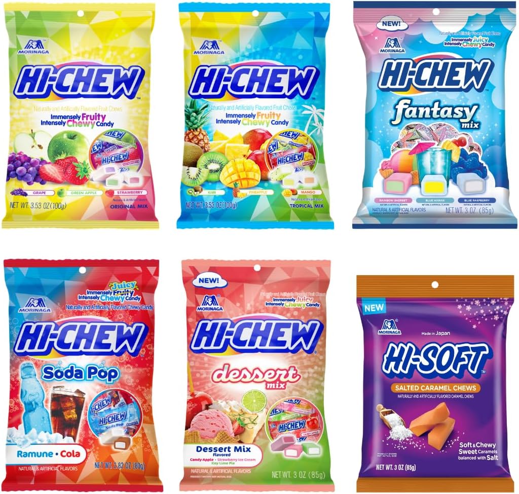 HI-CHEW Variety Mix, Pack of 6 Bags Including Salted Caramel - 15 Flavor Assort Sweet and Sour Chewy Fun Soft Candy Variety Pack - Immensely Juicy Fruity Flavors - Individually Wrapped for Sharing