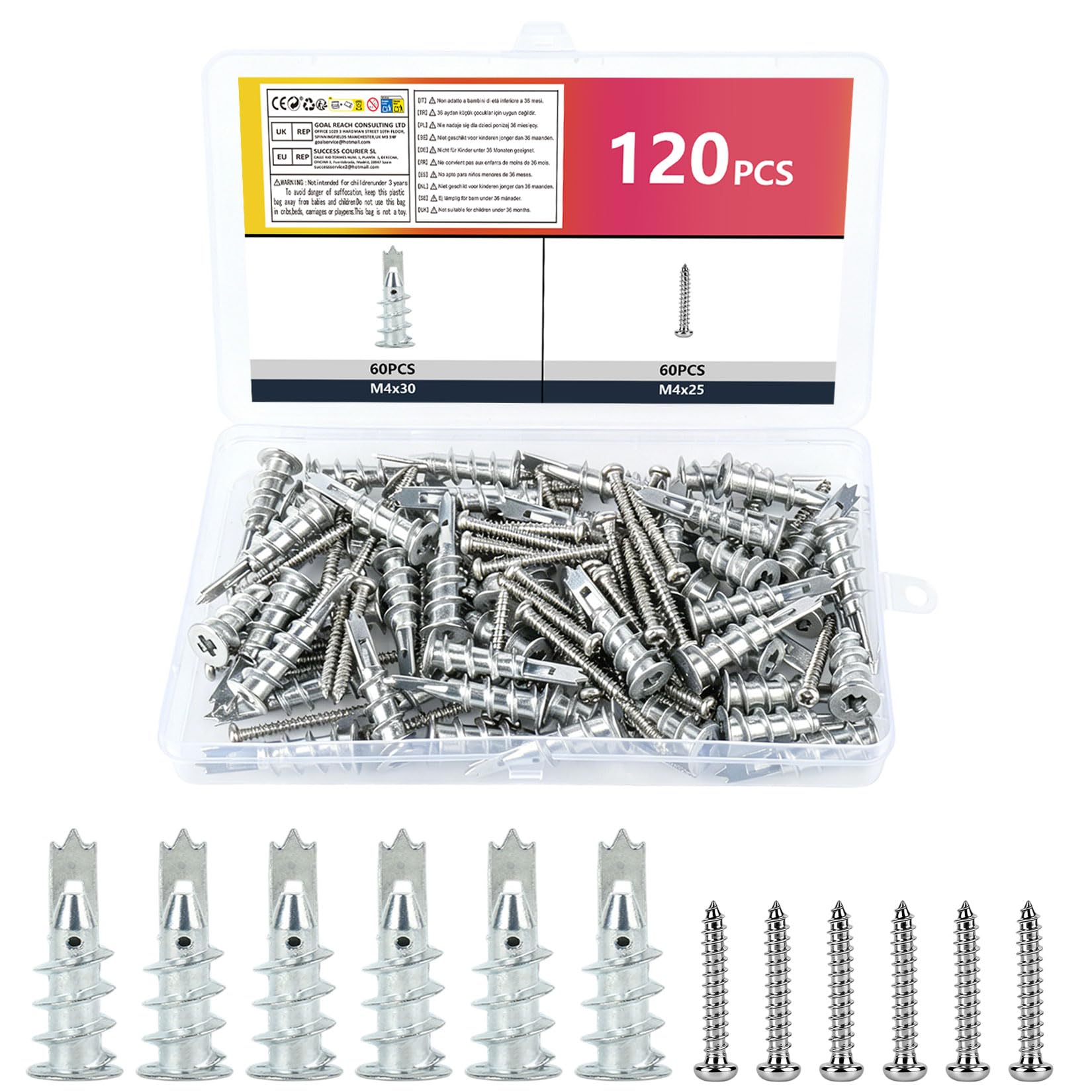 120 Pcs Heavy Duty Plasterboard Fixings, Wall Plugs and Screws Set, M4X30mm
