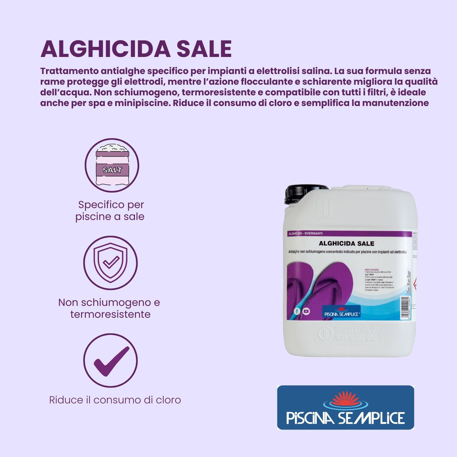 PISCINA SEMPLICE, Alghicida Sale, Antialghe Concentrato Per Piscine Con Impianto Ad Elettrolisi, Formato Da 10 Kg