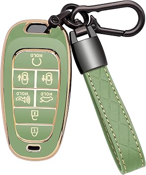 for Hyundai Key Fob Cover 7 Button with Leather Keychain Soft TPU 360 Degree Protection Car Key Case Shell Holder Fits for 2023 2022 2021 2020 Hyundai Sonata Santa fe Tucson, Green