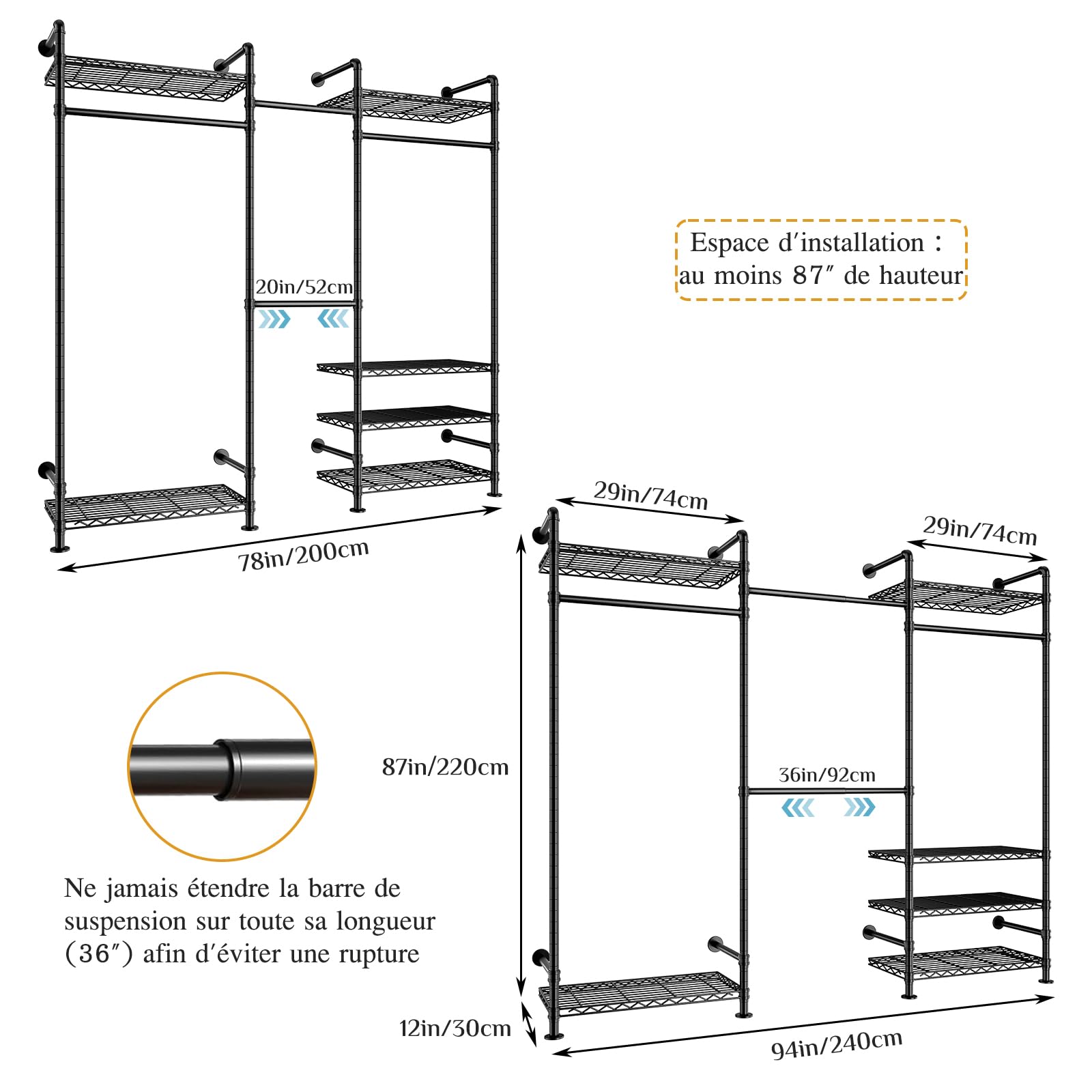 Telescopio Appendiabiti Sistema,Porta Cappotto a Parete Industriale con Mensola Regolabile,Bastone per Indumenti in Metallo,Barra per Tubo per Guida di Sospensione a Parete
