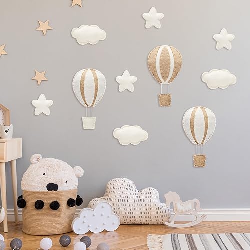 Miniatura 5 de Poen 10 piezas de globo de aire caliente con estrella y nube, decoración de pared occidental para dormitorio, mini nubes de fieltro, estrellas,