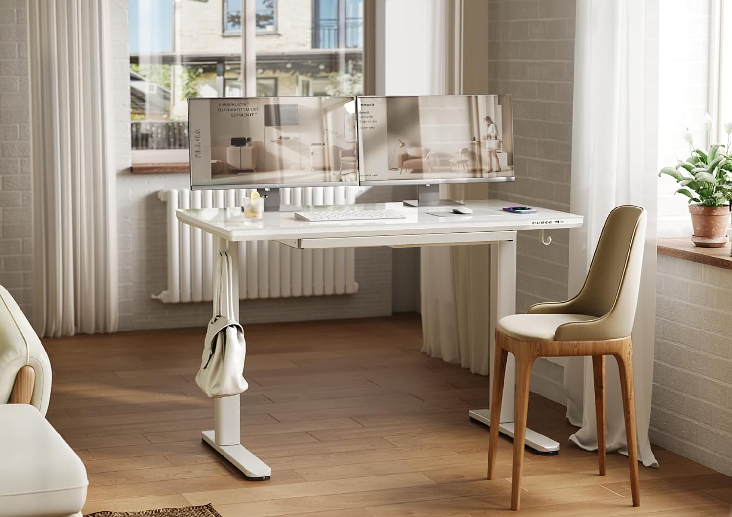 Wireless Charging Glass Standing Desk with Drawers, Adjustable Height Stand Up Desk, Electric Standing Desk with Storage, 48 inch, Super White