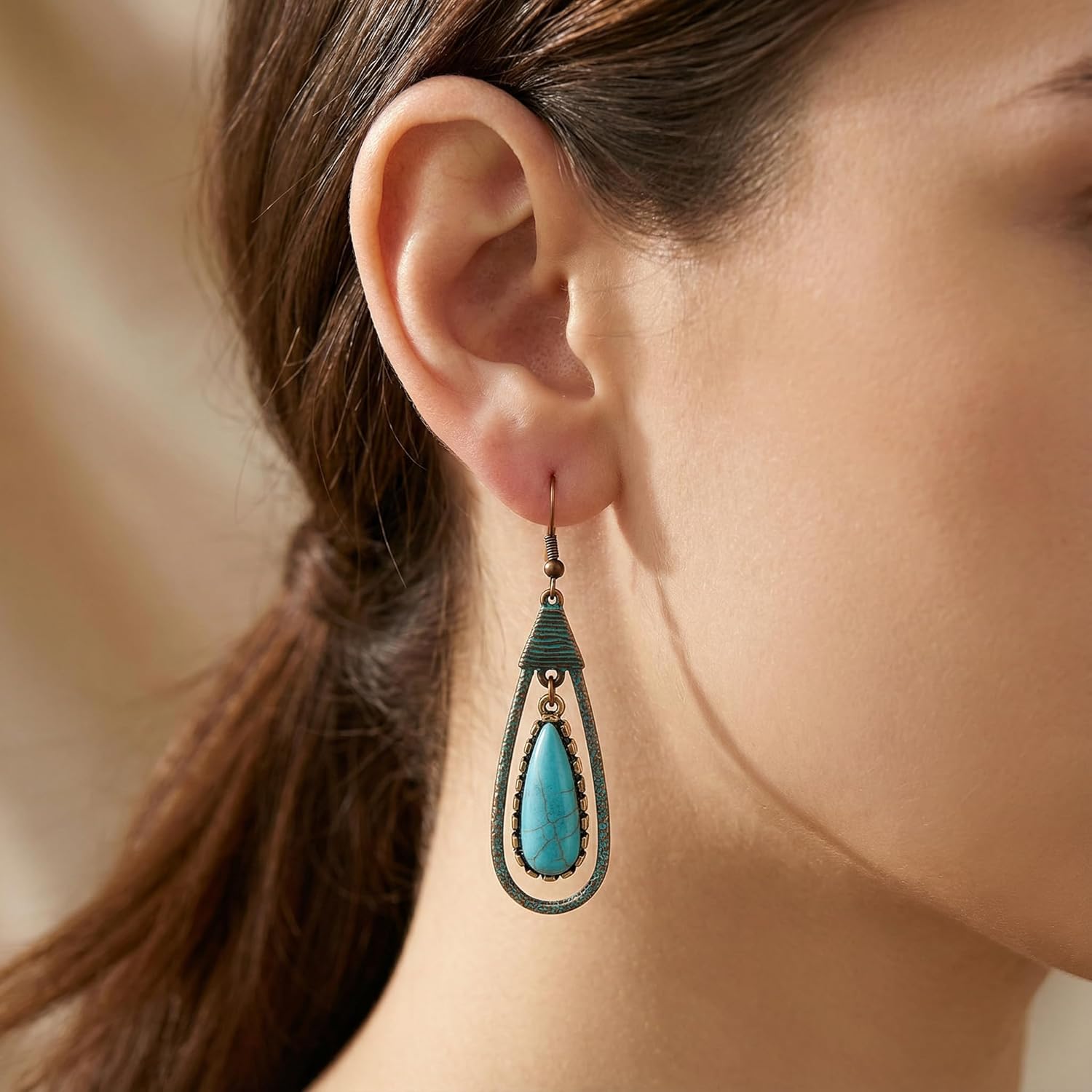 Turquoise Earrings, Vintage Bronze Natural Stone Dangle Earrings for Women, Teardrop Western Earrings Party Hippie Jewelry - Image 3