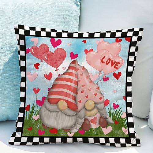 Miniatura 5 de Cojín de almohada rosa para regalo de San Valentín, funda de almohada de gnomo para el día de San Valentín, a cuadros negros, globos de corazón
