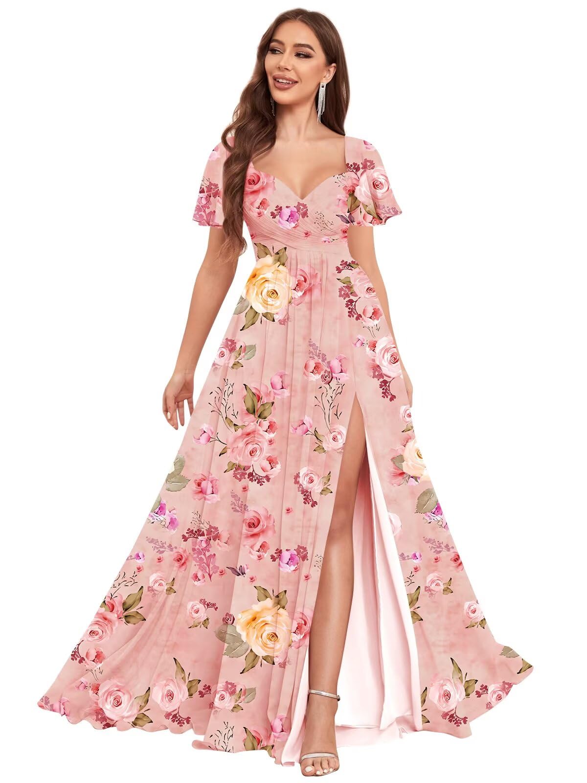 VCCICANY Chiffon Bridesmaid Dresses for Women Flutter Sleeve Pleated V Neck Long Formal Evening Gowns with Slit