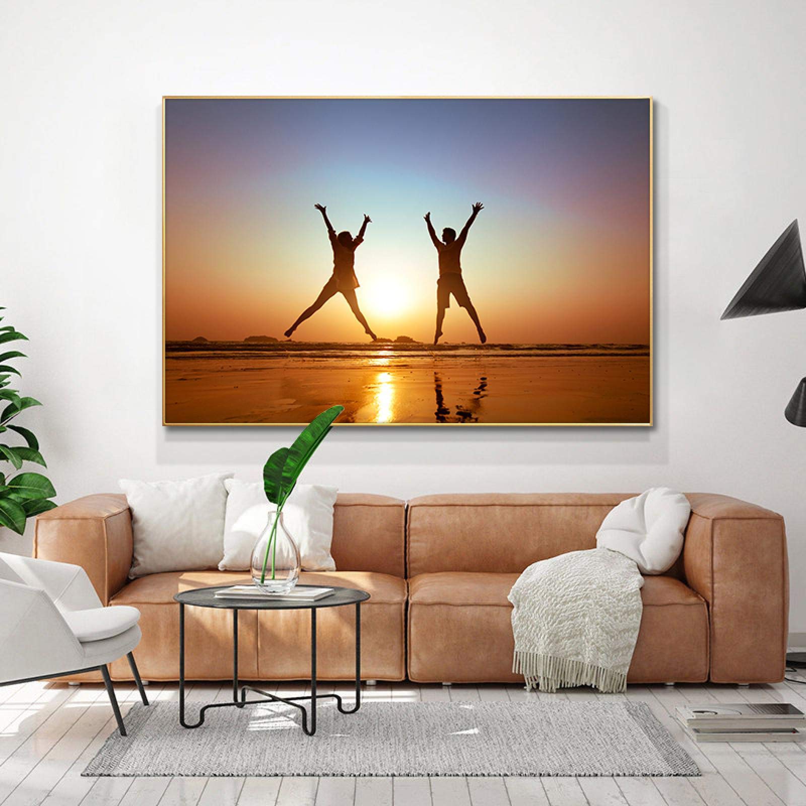 Yooyu Coppia Giovane Amante Salta al Tramonto Vacanze Tela Pittura Poster e Stampe Immagine di Arte della Parete per Soggiorno Decorazioni per la casa 40x65cm (16x26in) Cornice Dorata