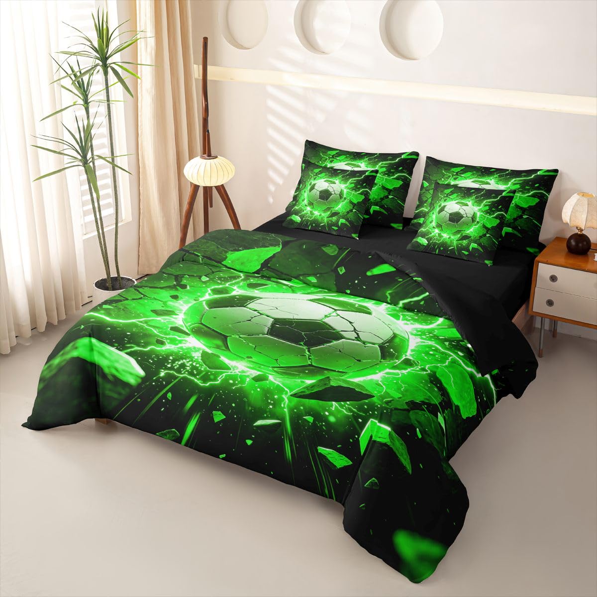 Loussiesd Juego de funda de edredón de fútbol de 7 piezas, tamaño individual, juego de ropa de cama para niños y niñas, juego de cama con funda de edredón, sábanas, fundas de almohada, fundas de cojín