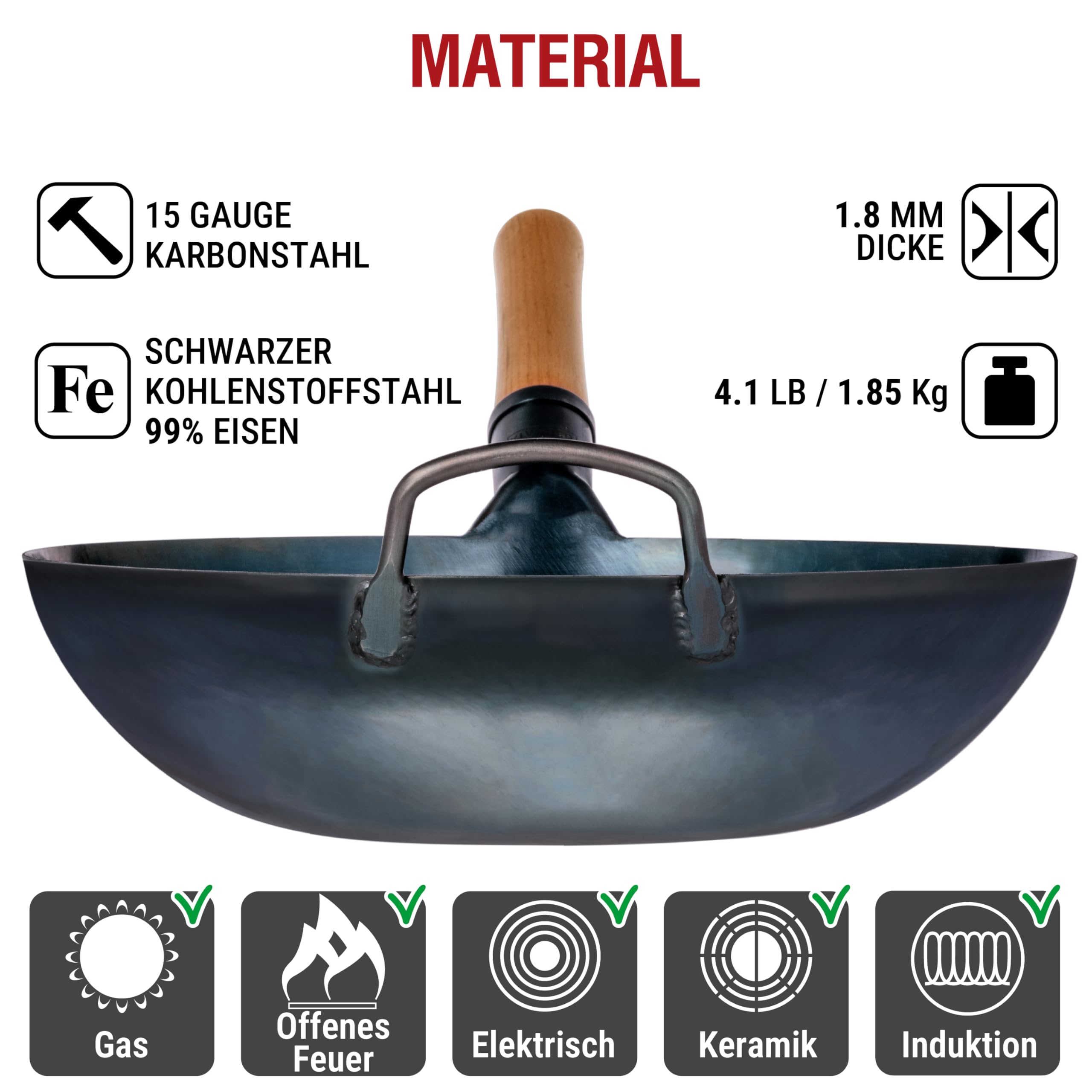 YOSUKATA Flacher Boden Blau Karbonstahl Woks & Wokpfannen 34 cm | Voreingebrannter Wokpfanne - Traditionell Wok für induktionsherd - Kompatibel mit Gas- Elektroherden Grill Induktion Feuer