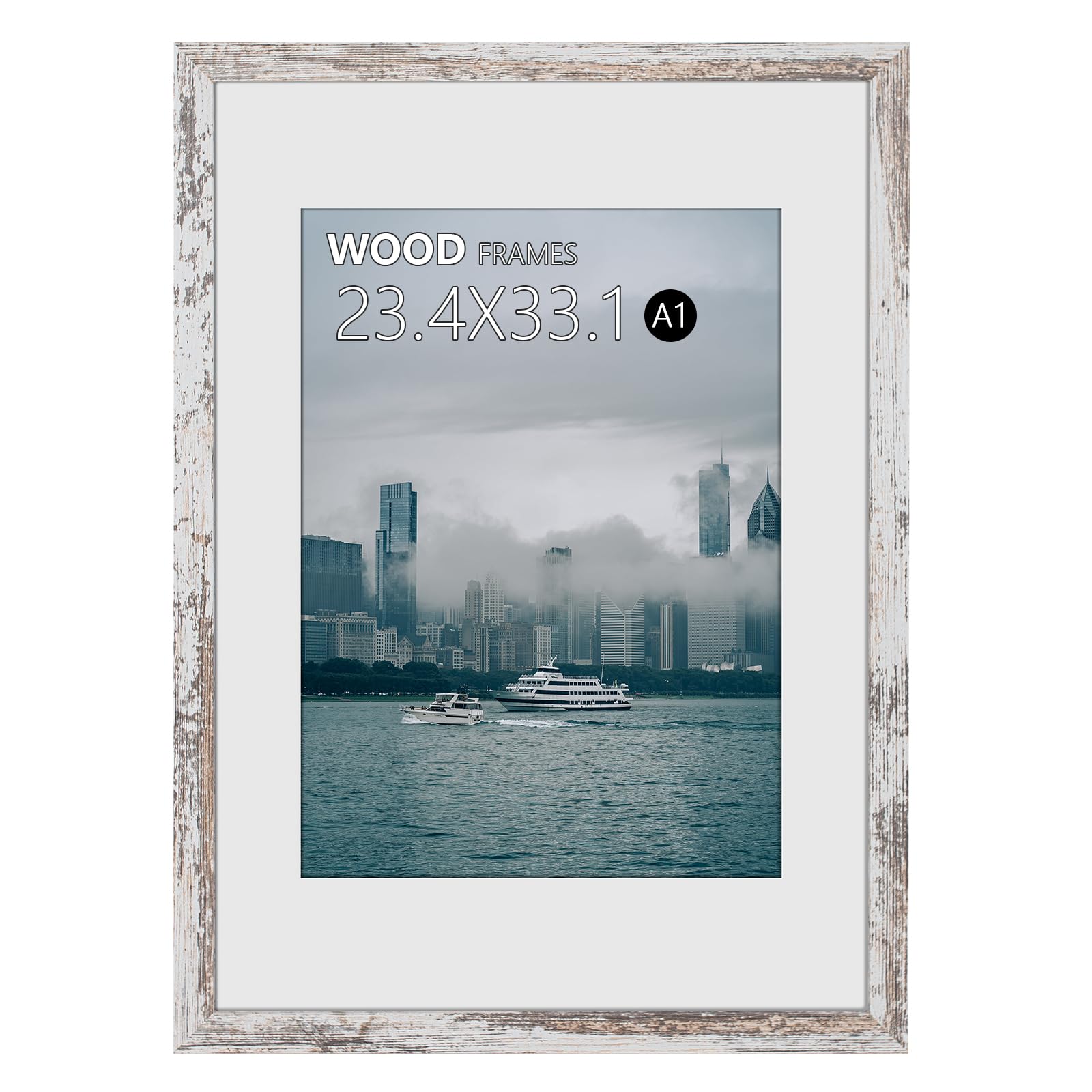 POUKROO A1 Poster Frame，Solid Wood Square Poster Frames with High Definition Glass,Display A1 Matted to A2 for Wall Mounting Horizontally and Vertically