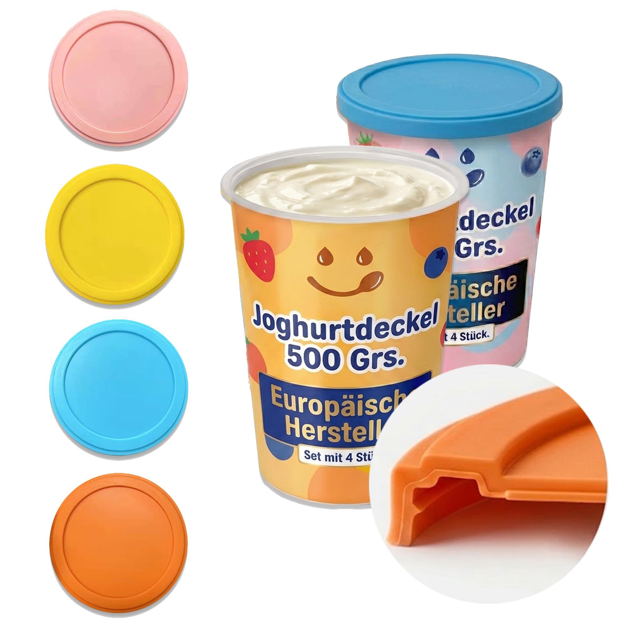 Joghurtdeckel 500g – 4 große dehnbare Silikondeckel für Joghurtbecher, Skyr