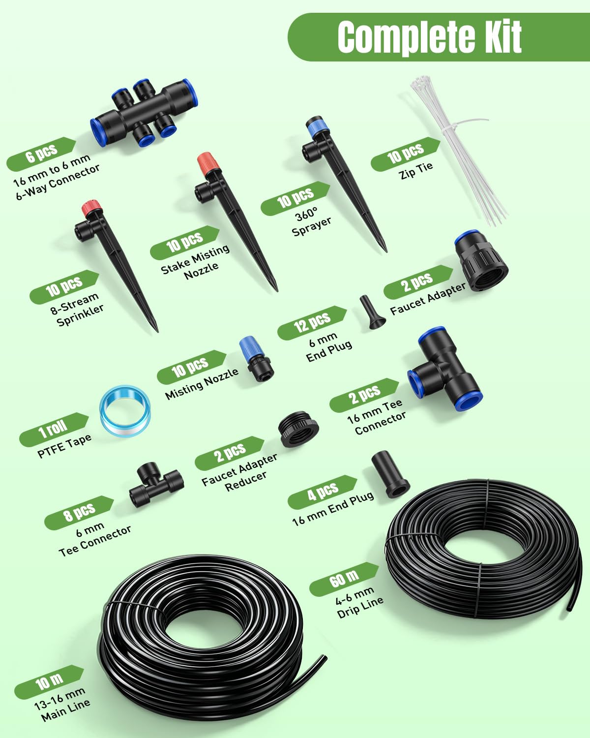 Pawfly 70 m Steckverbinder-Tropfbewässerungsset, Gartenbewässerungssystem mit 13-16 mm (10 m) & 4-6 mm (60 m) Schlauch und Zubehör, für Gewächshaus & Rasen