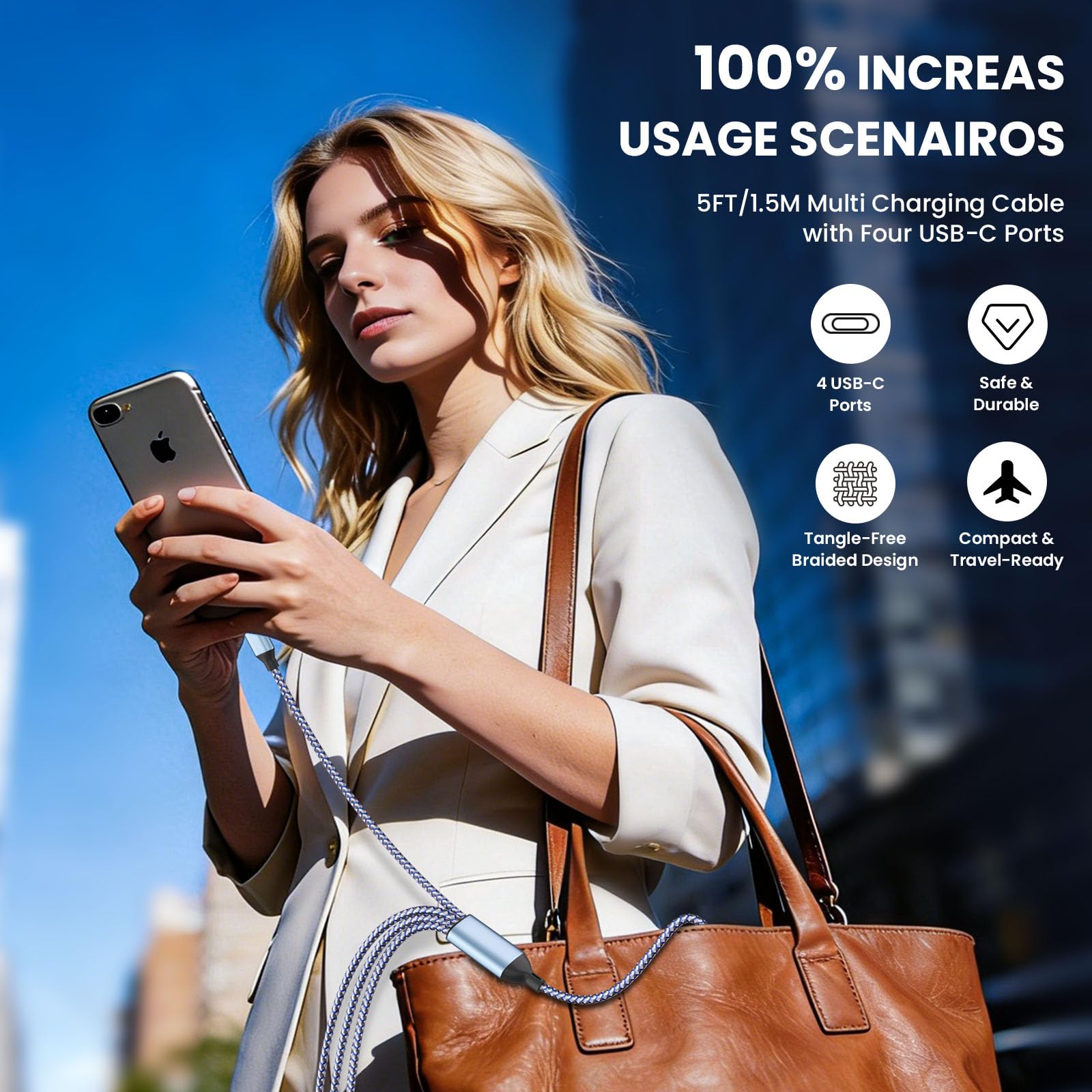 Cavo di ricarica multiplo 4 in 2, cavo intrecciato da USB C a USB C con 4 cavi di tipo C, cavo di ricarica per telefono essenziale per viaggi e vacanze, per iPhone 17/16/15, Galaxy, Android
