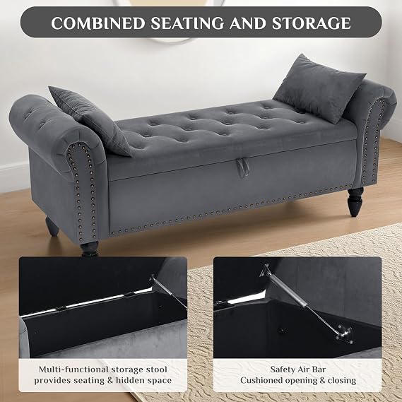 Clevich Ottoman Storage Bench, Velvet End of Bed Storage Box with Lid, Sturdy Wood Legs Footrest, 168KG Load Capacity, Sofa Bench for Bedroom/Living Room, 133x53x46cm (Grey)