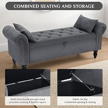 Clevich Ottoman Storage Bench, Velvet End of Bed Storage Box with Lid, Sturdy Wood Legs Footrest, 168KG Load Capacity, Sofa Bench for Bedroom/Living Room, 133x53x46cm (Grey)