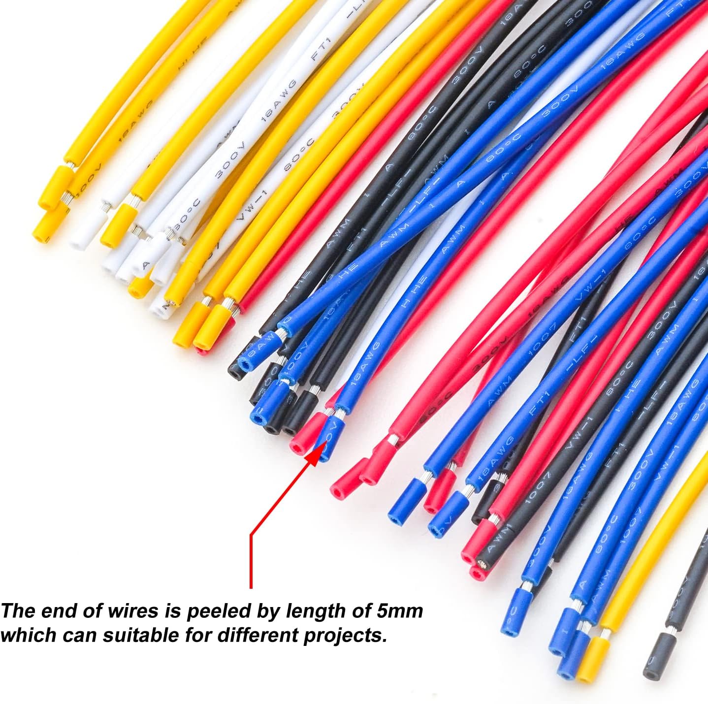 4.8MM Female Quick Disconnects Insulated Spade Receptacle Connector, 18AWG Red/Black/Yellow/White/Blue Pre-Crimped Cable Length of 10/30/50/100CM Wire Pack of 5pcs (Spade 4.8F-50CM)