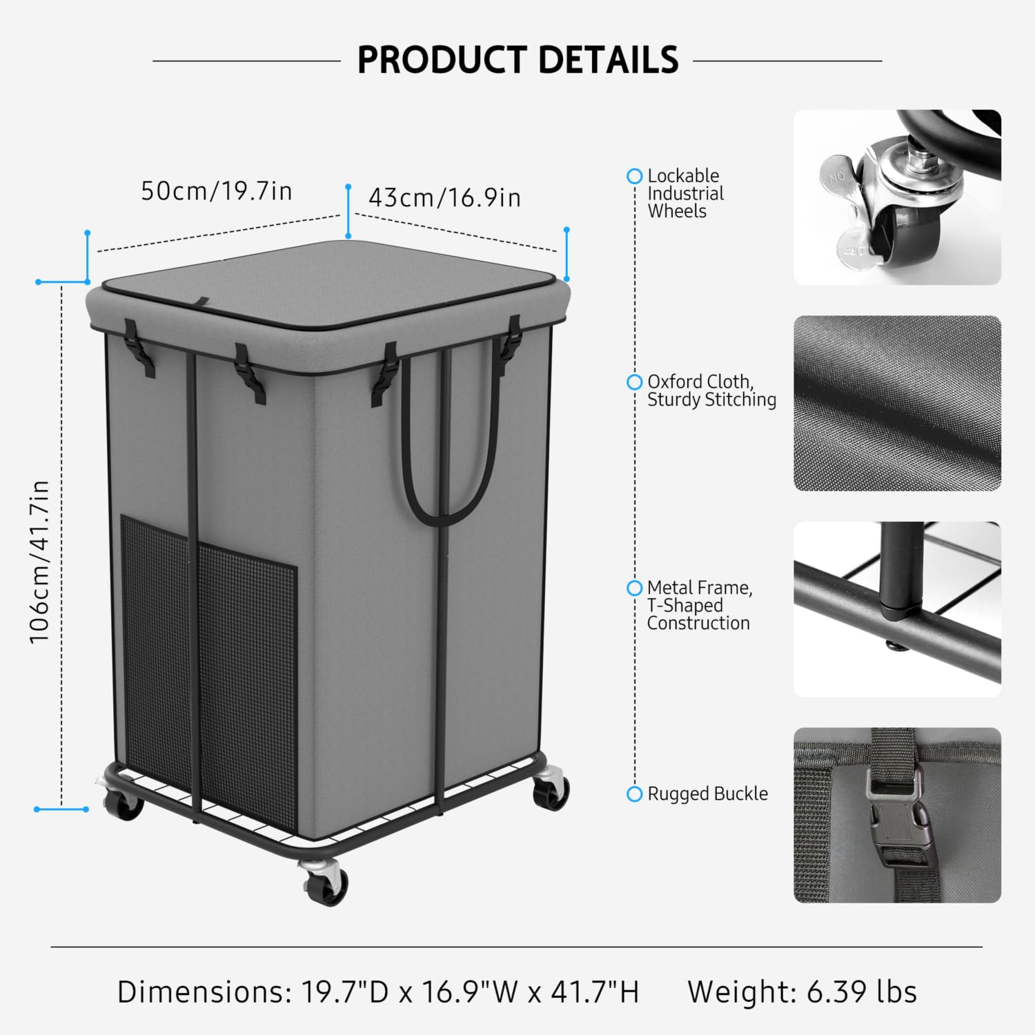 YKDIRECT 150L große Wäschekörbe mit Deckel, Wäschekörbe aus Oxford-Stoff, Metallrahmen und abnehmbare Tasche Design mit Rädern für Schlafzimmer, Bad, Schlafsaal, Waschküche (Grau-Deckel)