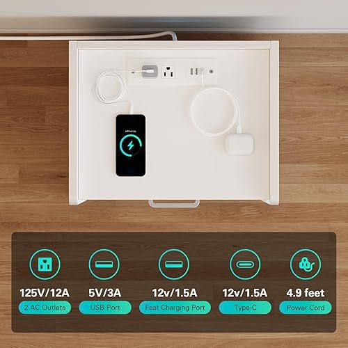 Miniatura 5 de Mesita de noche con estación de carga y tira de luz LED, mesitas de noche con 2 cajones, mesa auxiliar para dormitorio, mesitas de noche LED blancas