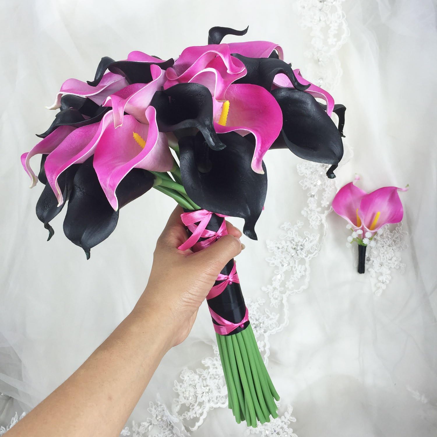 Luxury Calla Lily Bridal Wedding Bouquet 3 Dozen with Groom Boutonniere (Black and Hot Pink)