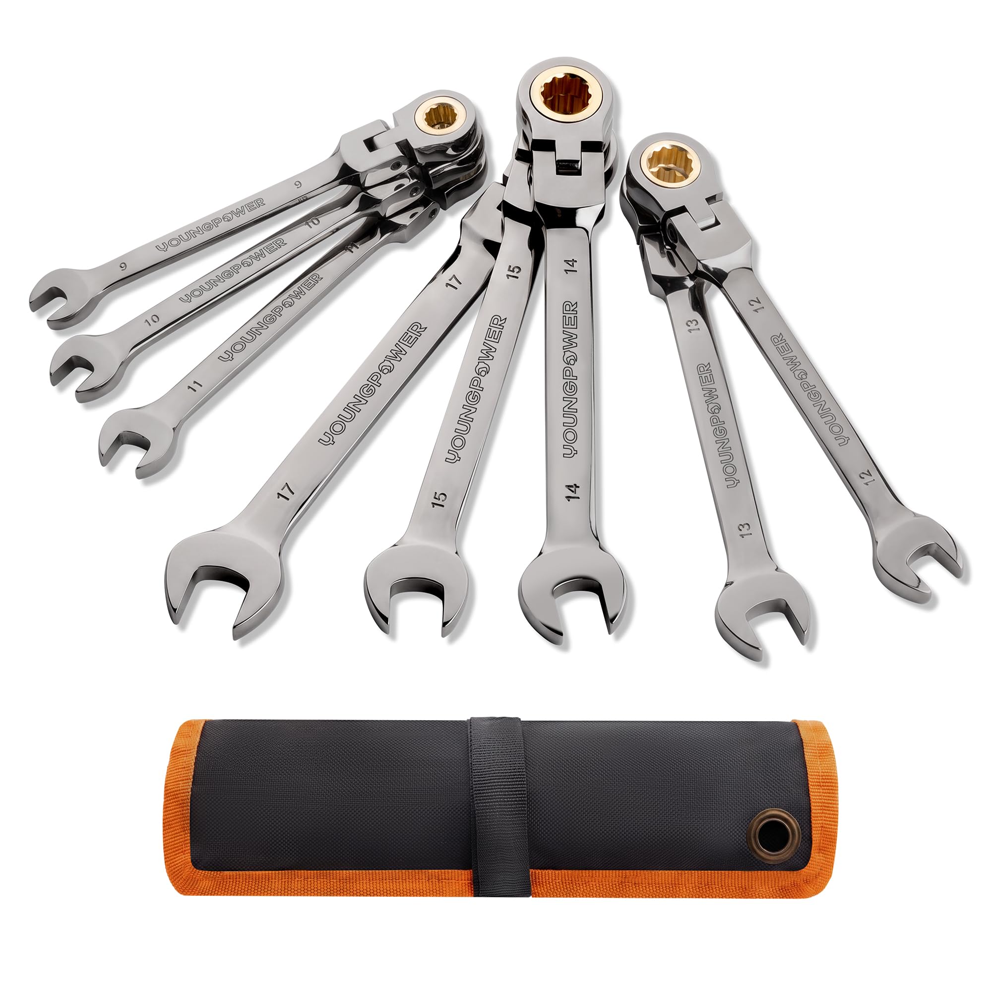 YOUNGPOWER 8-Piece Flex-Head Ratchet Combination Spanner Set 9-17 mm, Cr-V