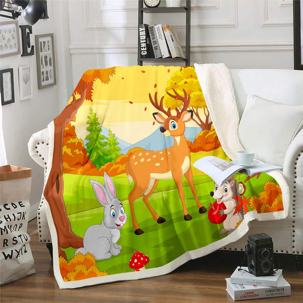 Loussiesd Kids Sika Deer Cute Rabbit Hedgehog Fleece Sherpa Blanket for Chair Sofa Couch Cartoon Wild Animal Pattern Autumn Nature Decor King 87"*94" Reversible — image 1