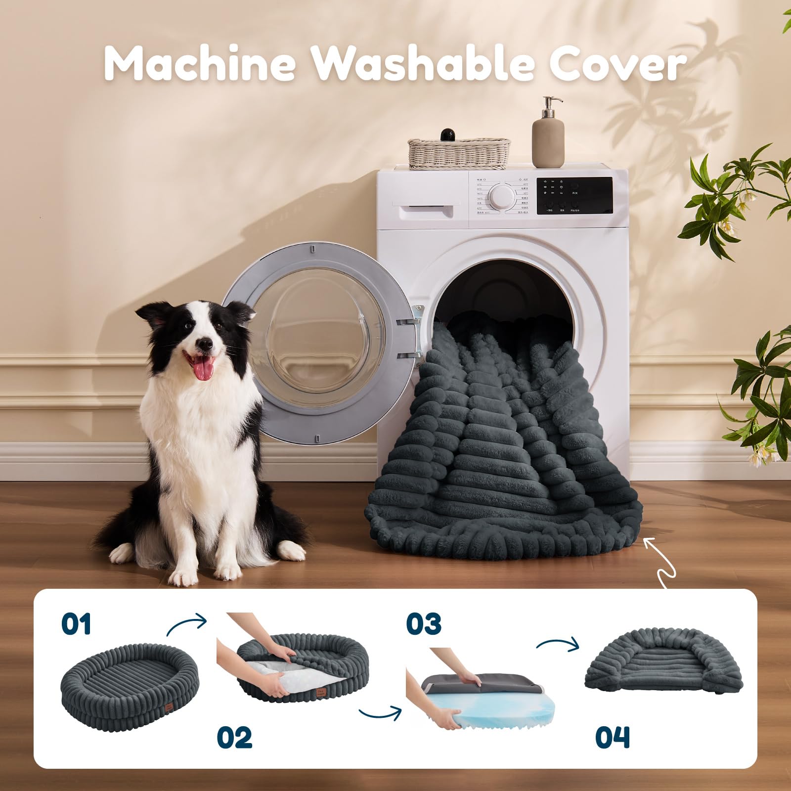 Dog Bed Large Sized Dog - Luxury Striped Faux Fur Waterproof Pet Couch with Removable Washable Cover, Orthopedic Pet Bed with Bolster Sides for Sleeping, Dark Grey - image 7
